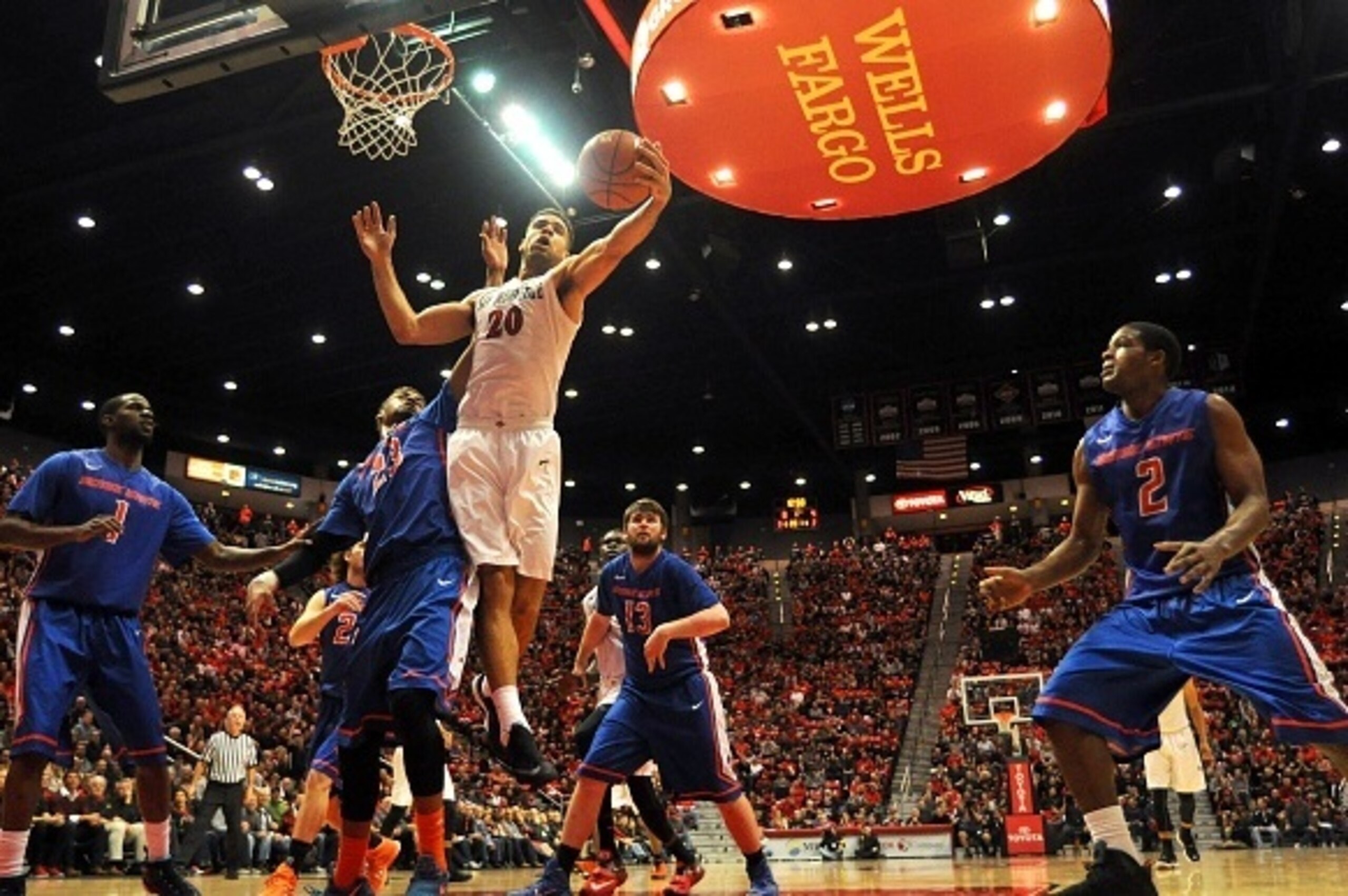 SAN DIEGO, CA - FEBRUARY 28:  JJ O'Brien #20  of the San Diego State Aztecs rebounds the ball in the first half of the game against the Boise State Broncos at Viejas Arena on February 28, 2015 in San Diego, California. (Photo by Kent C. Horner/Getty Image
