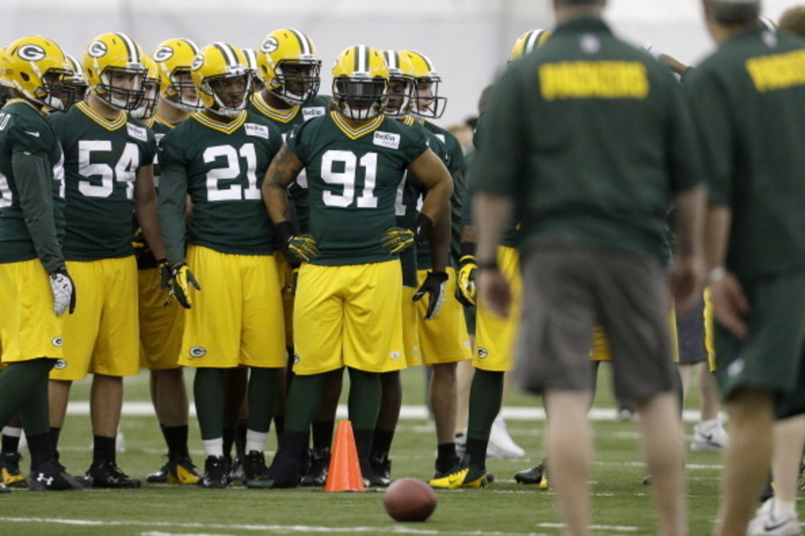 GREEN BAY, WI - MAY 16: Carl Bradford #91 of the Green Bay Packers runs through drills during rookie mini camp at Don Hudson Center on May 16, 2014 in Green Bay, Wisconsin. (Photo by Mike McGinnis/Getty Images)
