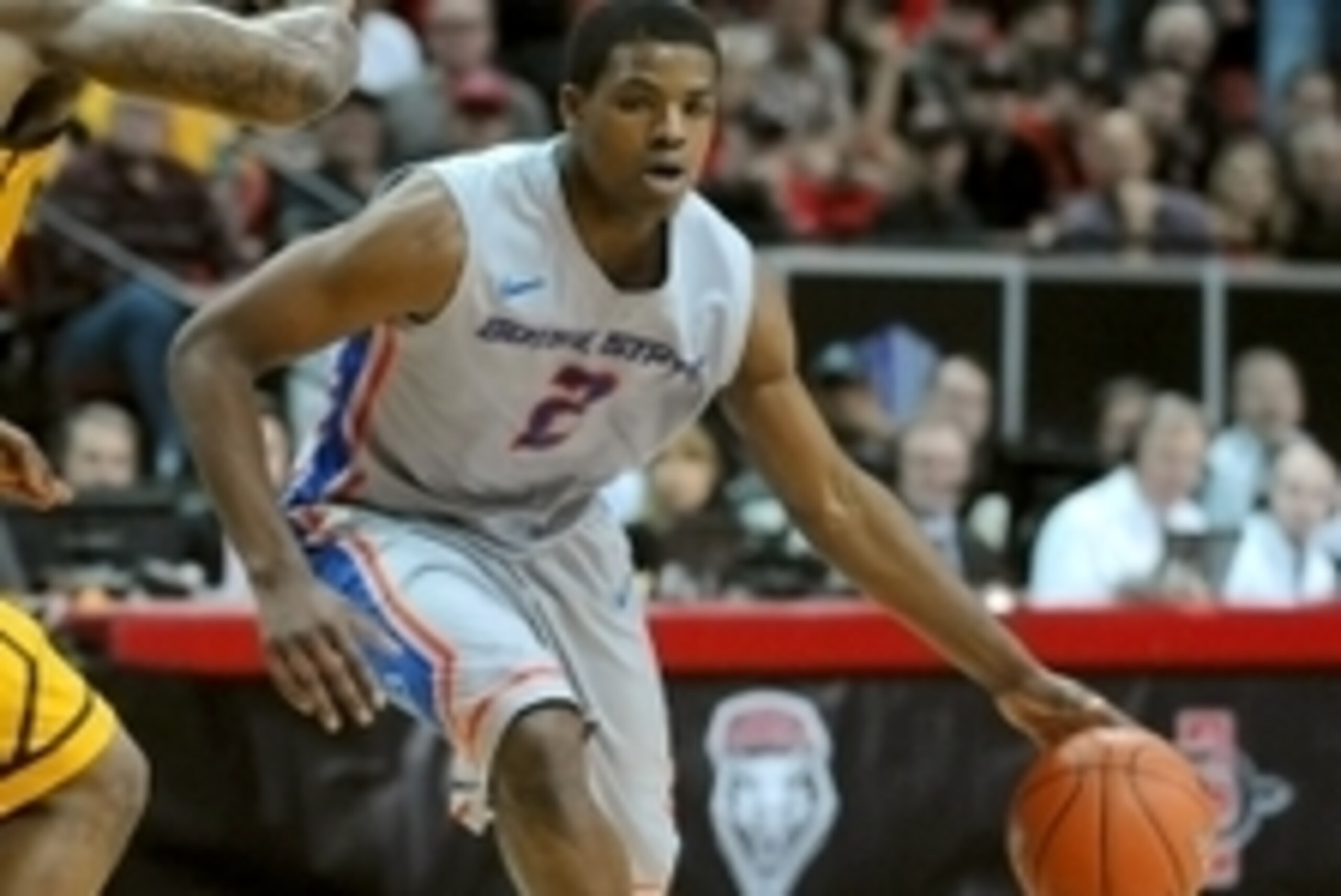 Mar 13, 2015; Las Vegas, NV, USA; Boise Broncos guard Derrick Marks Jr (2) dribbles the ball during the Mountain West tournament semifinals against Wyoming at Thomas and Mack Center. The Cowboys won the game 71-66 in overtime. Mandatory Credit: Stephen R.