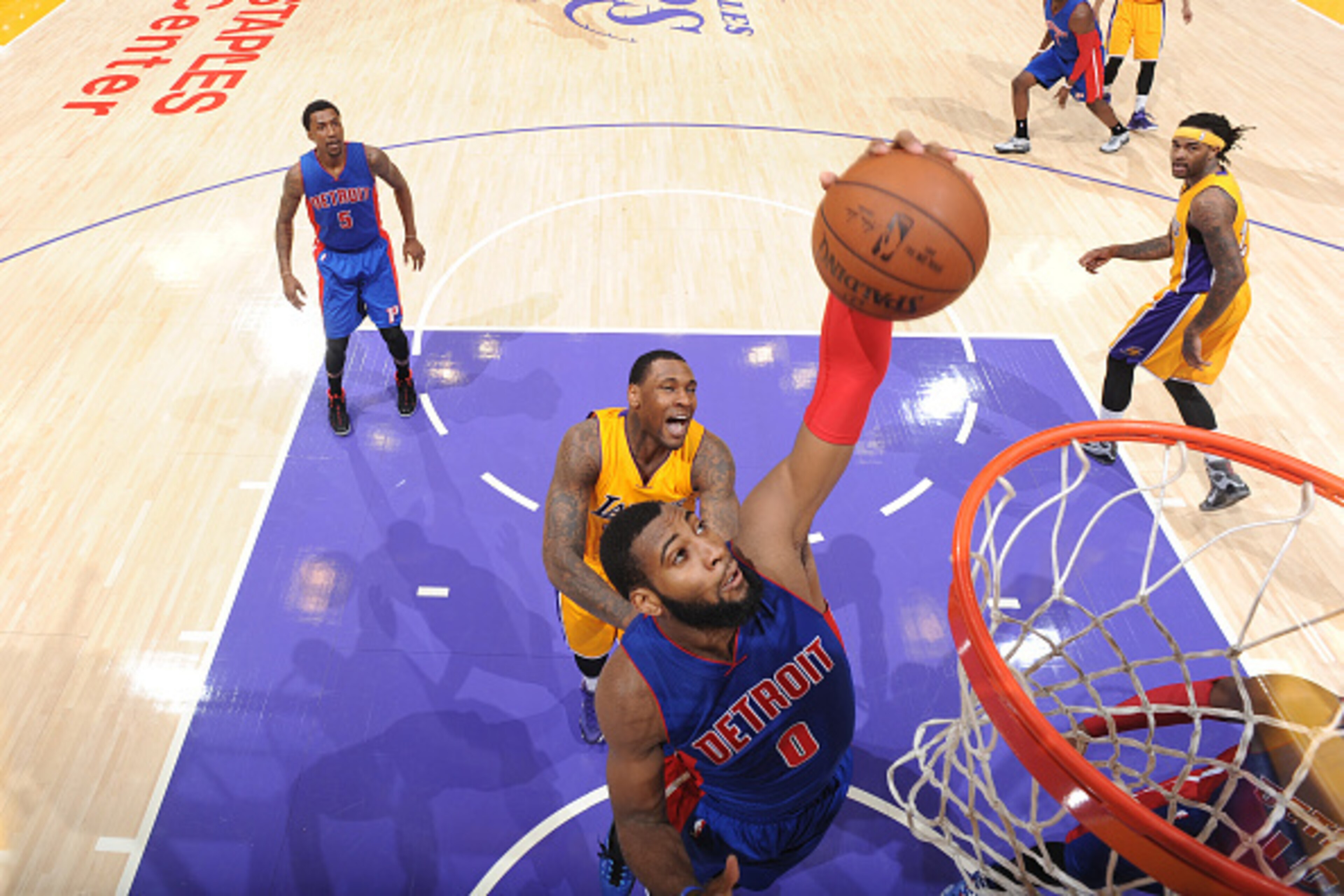 LOS ANGELES, CA - MARCH 10: Andre Drummond #0 of the Detroit Pistons grabs a rebound against the Los Angeles Lakers on March 10, 2015 at STAPLES Center in Los Angeles, California. NOTE TO USER: User expressly acknowledges and agrees that, by downloading a