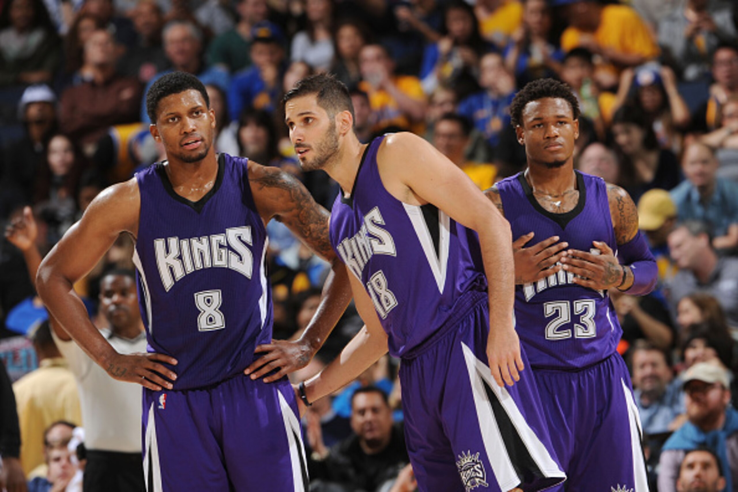 OAKLAND, CA - DECEMBER 22: Rudy Gay #8, Omri Casspi #18, and Jason Thompson #34 of the Sacramento Kings while facing the Golden State Warriors on December 22, 2014 at Oracle Arena in Oakland, California. NOTE TO USER: User expressly acknowledges and agree