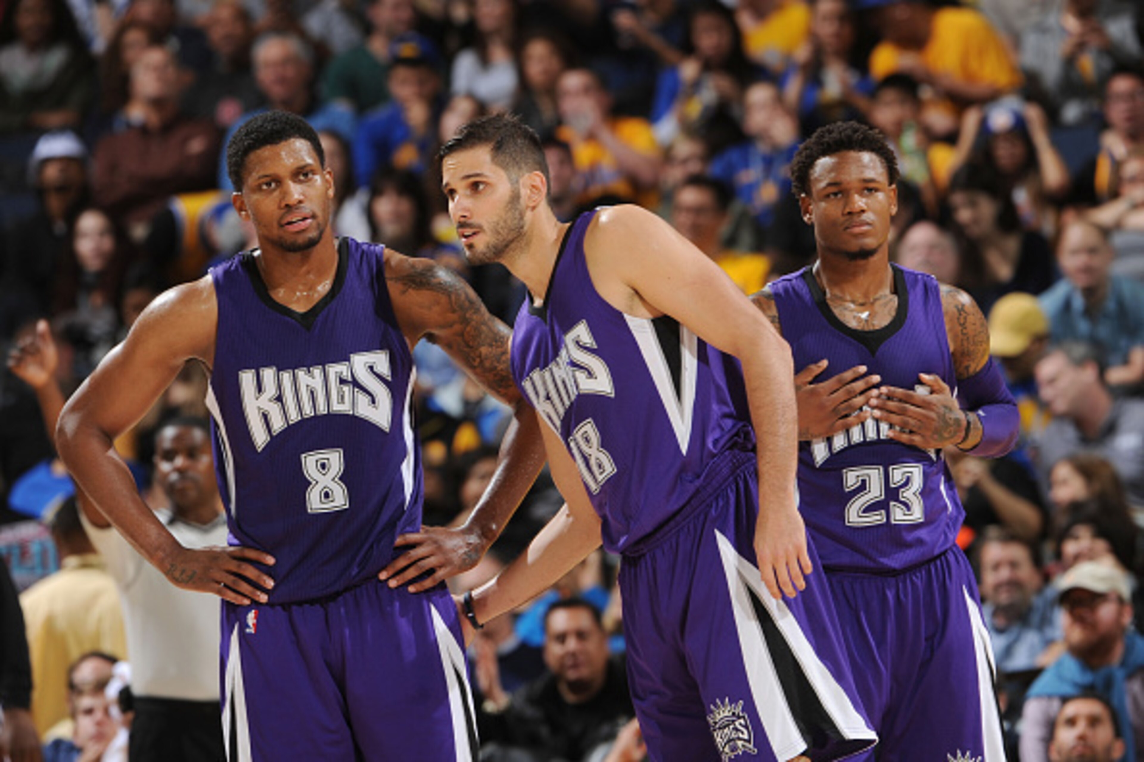 OAKLAND, CA - DECEMBER 22: Rudy Gay #8, Omri Casspi #18, and Jason Thompson #34 of the Sacramento Kings while facing the Golden State Warriors on December 22, 2014 at Oracle Arena in Oakland, California. NOTE TO USER: User expressly acknowledges and agree