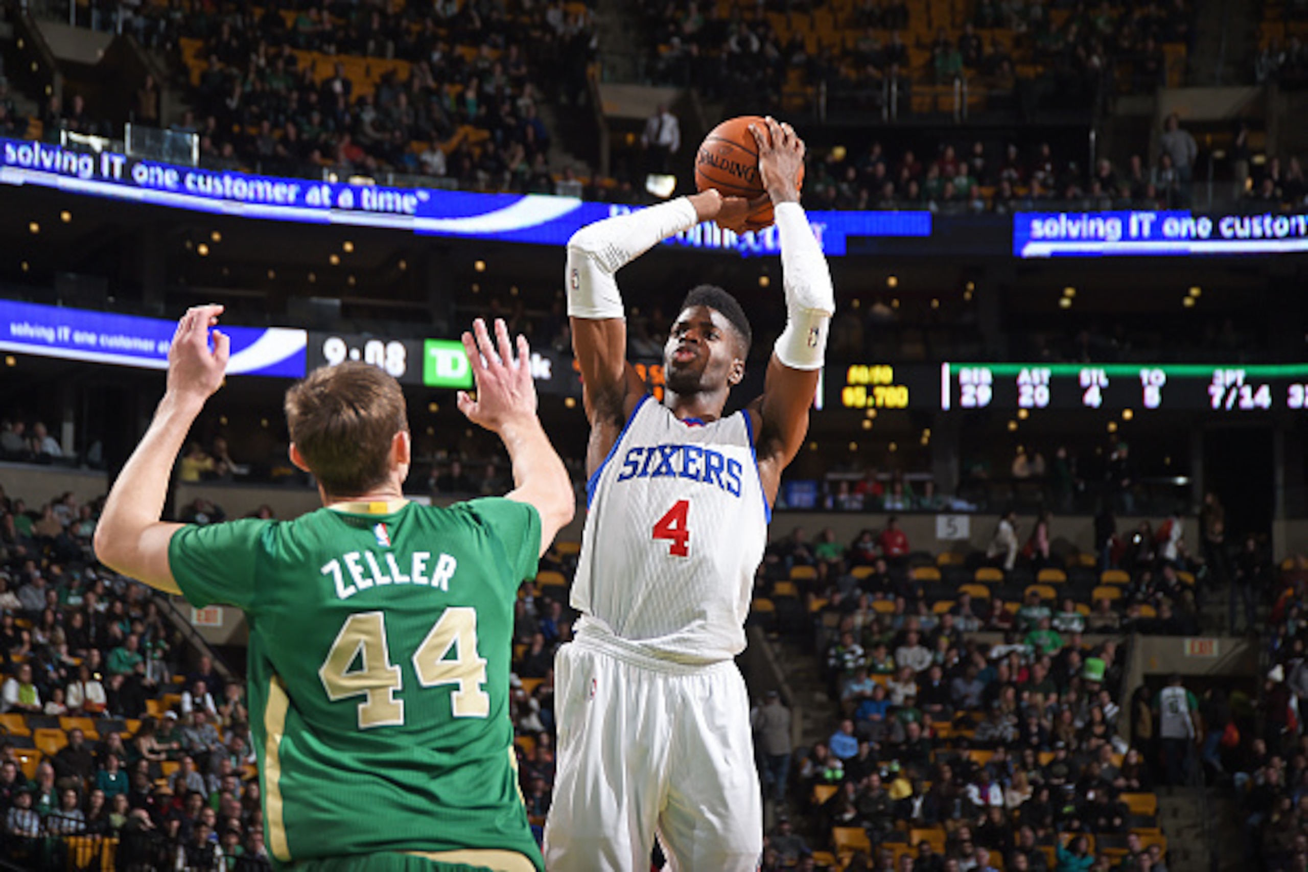 BOSTON, MA - MARCH 16:  Nerlens Noel #4 of the Philadelphia 76ers shoots the ball against the Boston Celtics on March 16, 2015 at the TD Garden in Boston, Massachusetts.  NOTE TO USER: User expressly acknowledges and agrees that, by downloading and or usi