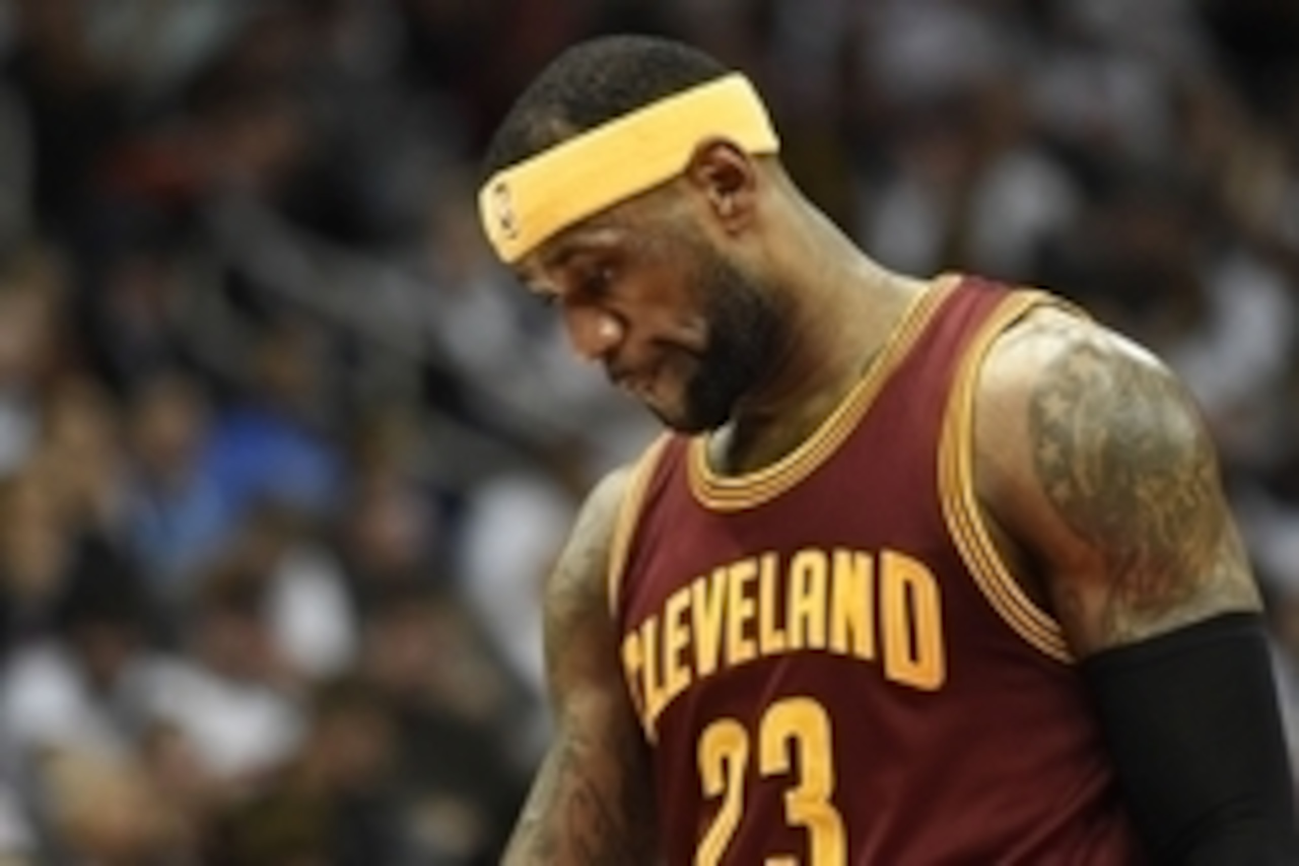 Mar 6, 2015; Atlanta, GA, USA; Cleveland Cavaliers forward LeBron James (23) reacts from the court against the Atlanta Hawks during the second half at Philips Arena. The Hawks won 106-97. Mandatory Credit: Dale Zanine-USA TODAY Sports
