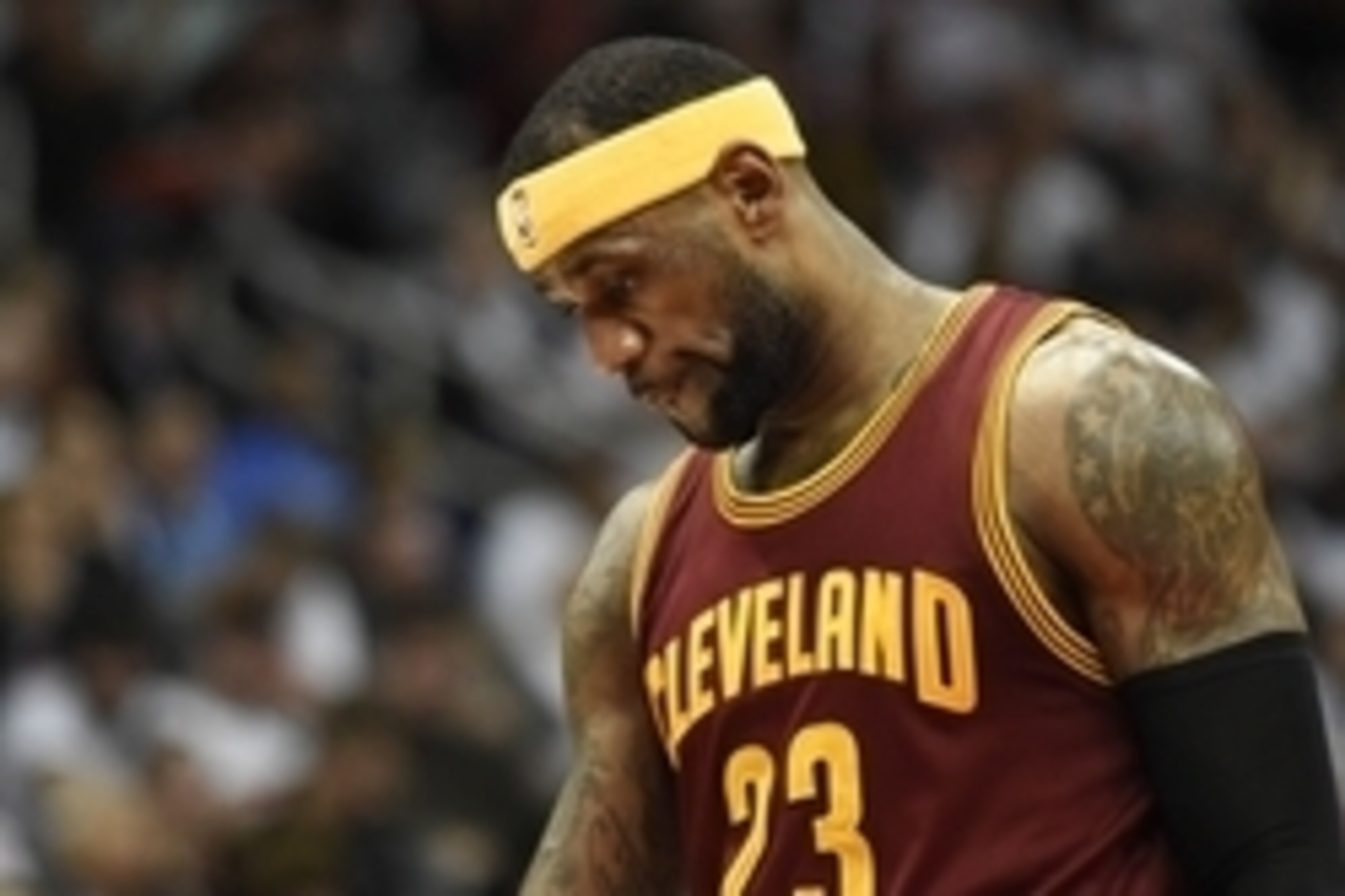 Mar 6, 2015; Atlanta, GA, USA; Cleveland Cavaliers forward LeBron James (23) reacts from the court against the Atlanta Hawks during the second half at Philips Arena. The Hawks won 106-97. Mandatory Credit: Dale Zanine-USA TODAY Sports Mar 6, 2015; Atlanta, GA, USA; Cleveland Cavaliers forward LeBron James (23) reacts from the court against the Atlanta Hawks during the second half at Philips Arena. The Hawks won 106-97. Mandatory Credit: Dale Zanine-USA TODAY Sports