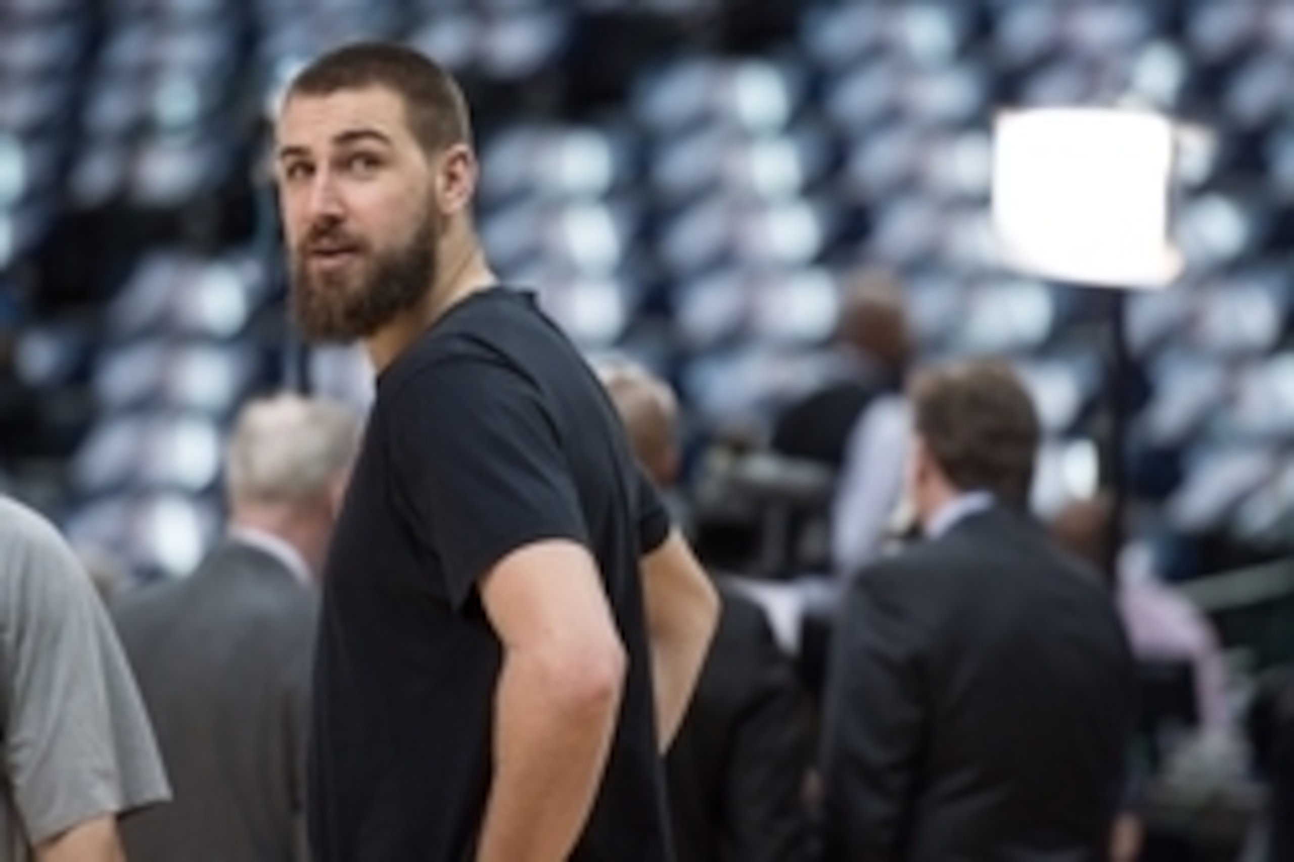 Feb 24, 2015; Dallas, TX, USA; Toronto Raptors center Jonas Valanciunas (17) warms up before the game against the Dallas Mavericks at the American Airlines Center. Mandatory Credit: Jerome Miron-USA TODAY Sports