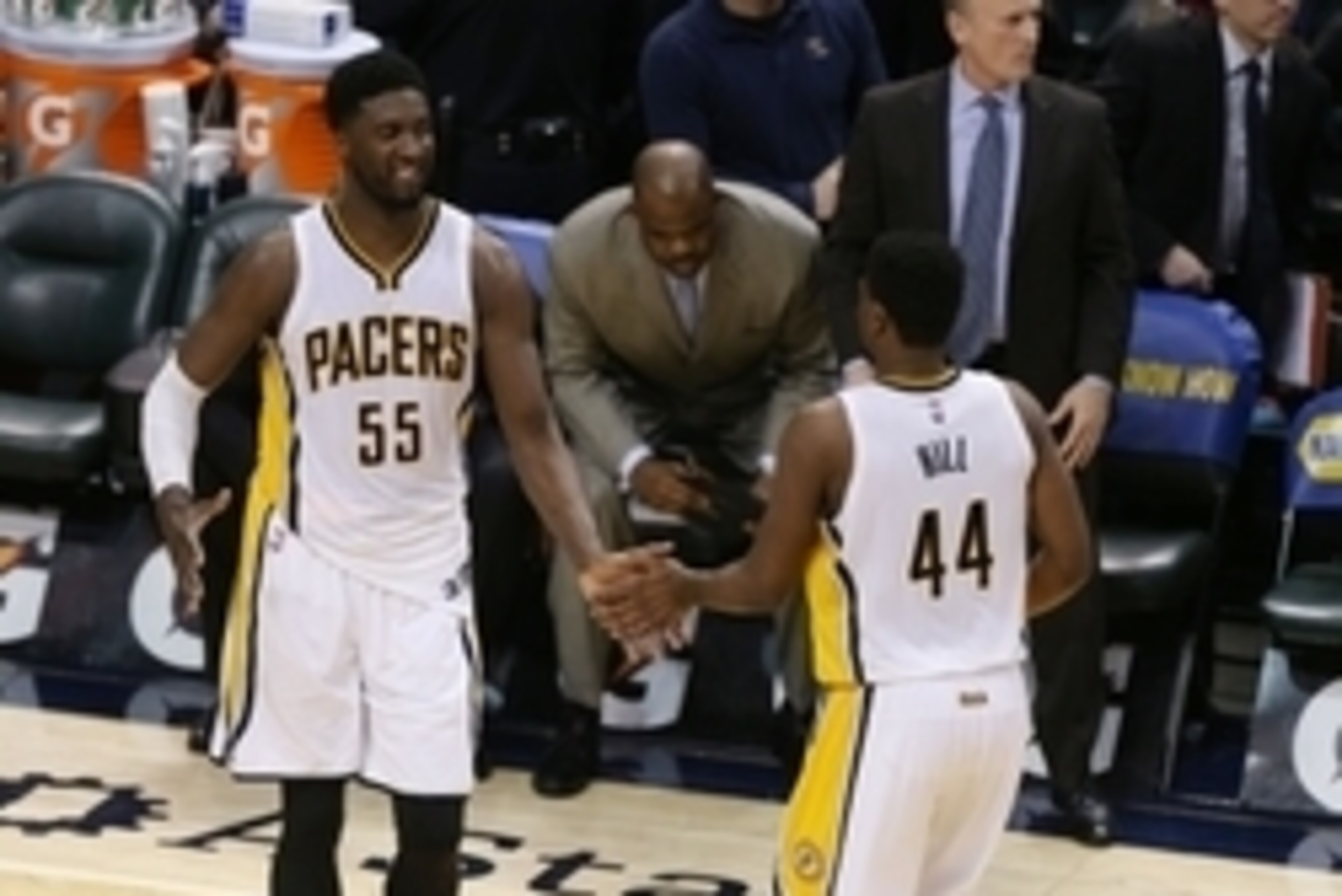 Feb 6, 2015; Indianapolis, IN, USA; Indiana Pacers forward Solomon Hill (44) and center Roy Hibbert (55) congratulate each other after winning against the Cleveland Cavaliers at Bankers Life Fieldhouse. Indiana defeats Cleveland 103-99. Mandatory Credit: Feb 6, 2015; Indianapolis, IN, USA; Indiana Pacers forward Solomon Hill (44) and center Roy Hibbert (55) congratulate each other after winning against the Cleveland Cavaliers at Bankers Life Fieldhouse. Indiana defeats Cleveland 103-99. Mandatory Credit: