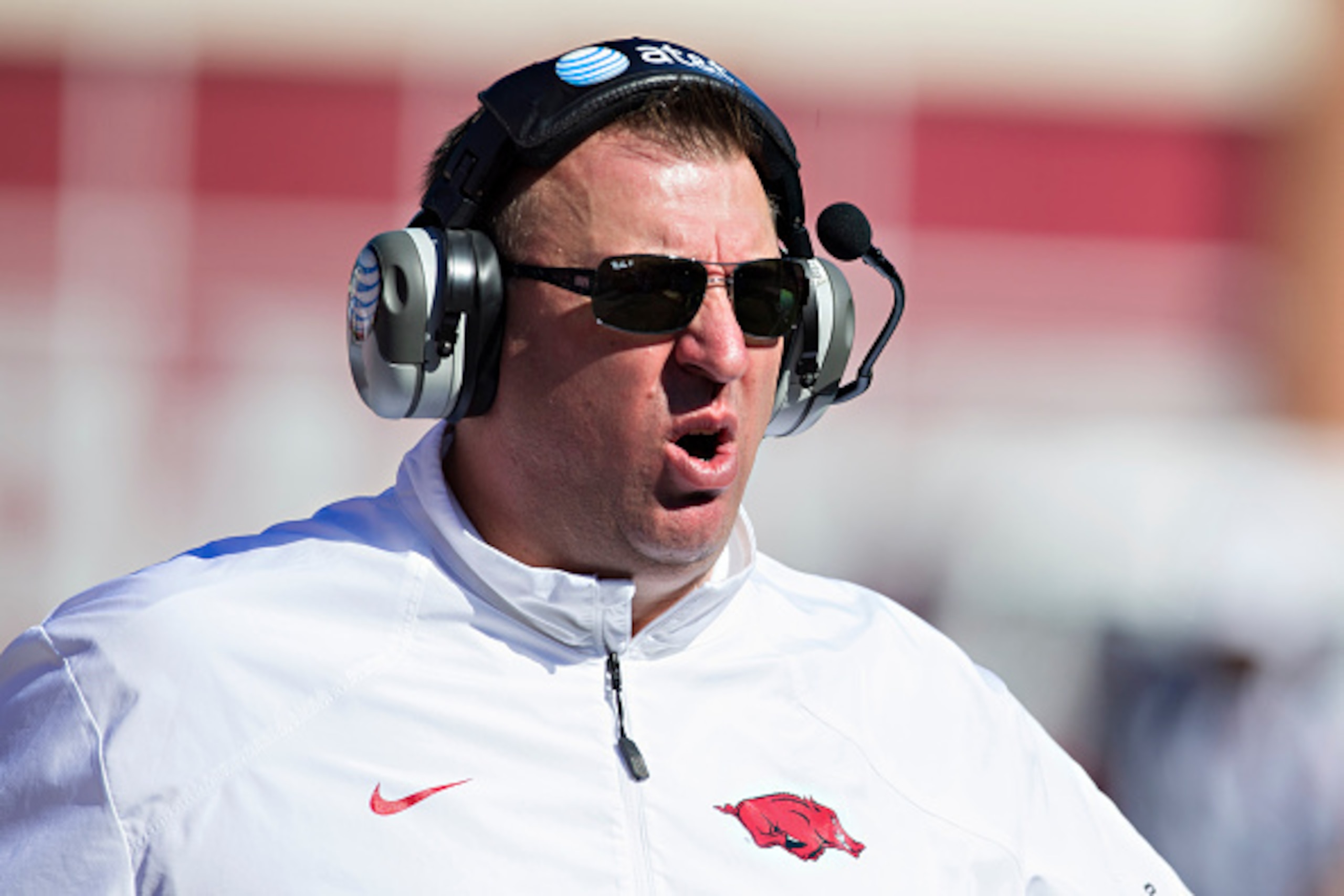 FAYETTEVILLE, AR - OCTOBER 25:  Head Coach Bret Bielema of the Arkansas Razorbacks on the sidelines during a game against the UAB Blazers at Razorback Stadium on October 25, 2014 in Fayetteville, Arkansas.  The Razorbacks defeated the Blazers 45-17.  (Pho