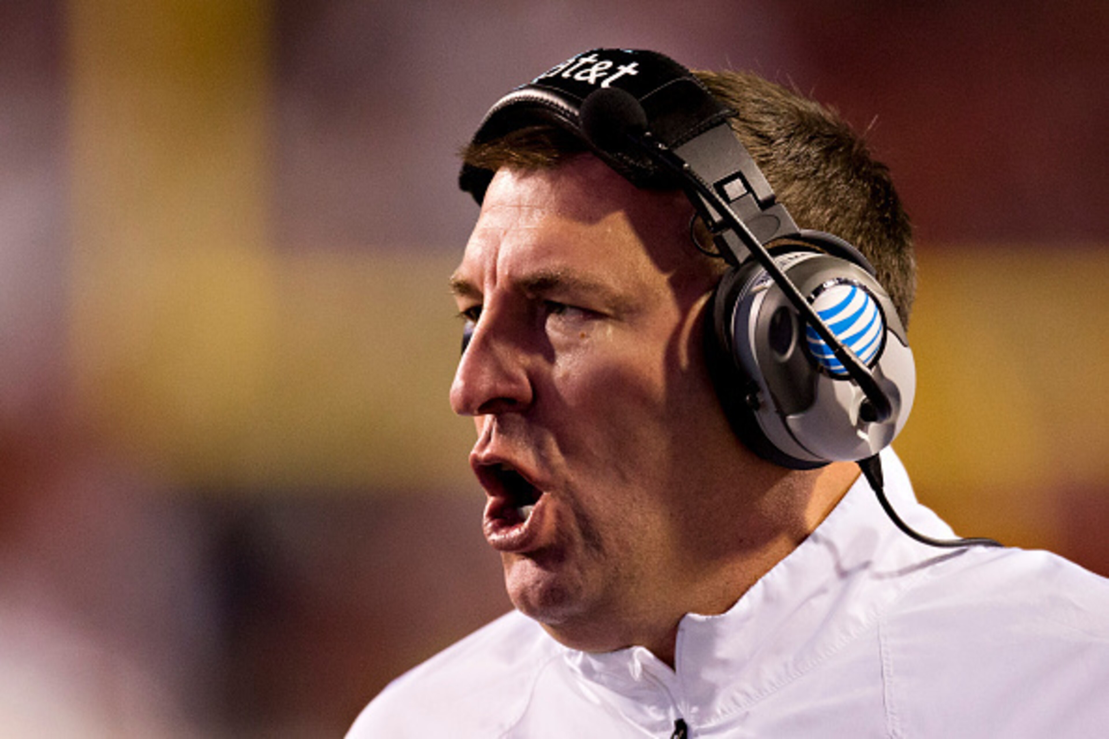 FAYETTEVILLE, AR - OCTOBER 11:  Head coach Bret Bielema of the Arkansas Razorbacks talks with the officials during a game against the Alabama Crimson Tide at Razorback Stadium on October 11, 2014 in Fayetteville, Arkansas.  The Crimson Tide defeated the R