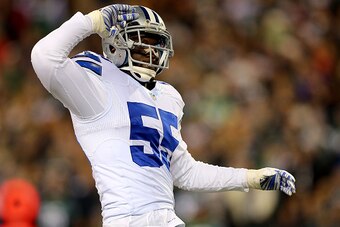 PHILADELPHIA, PA - DECEMBER 14:  Rolando McClain #55 of the Dallas Cowboys reacts during the game against the Philadelphia Eagles at Lincoln Financial Field on December 14, 2014 in Philadelphia, Pennsylvania.  (Photo by Elsa/Getty Images)