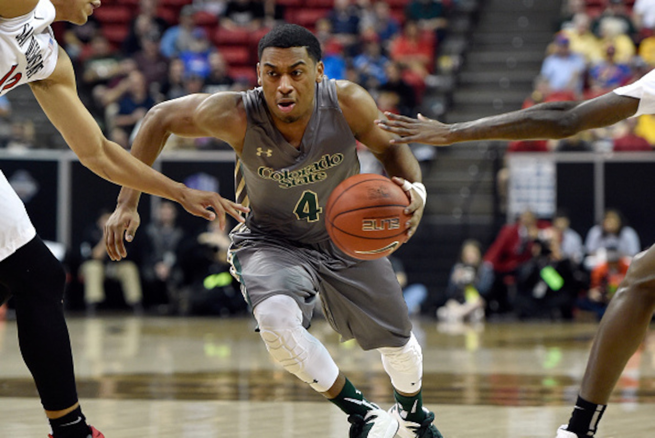 LAS VEGAS, NV - MARCH 13:  John Gillon #4 of the Colorado State Rams drives the ball up court against the San Diego State Aztecs during a semifinal game of the Mountain West Conference basketball tournament at the Thomas & Mack Center on March 13, 2015 in