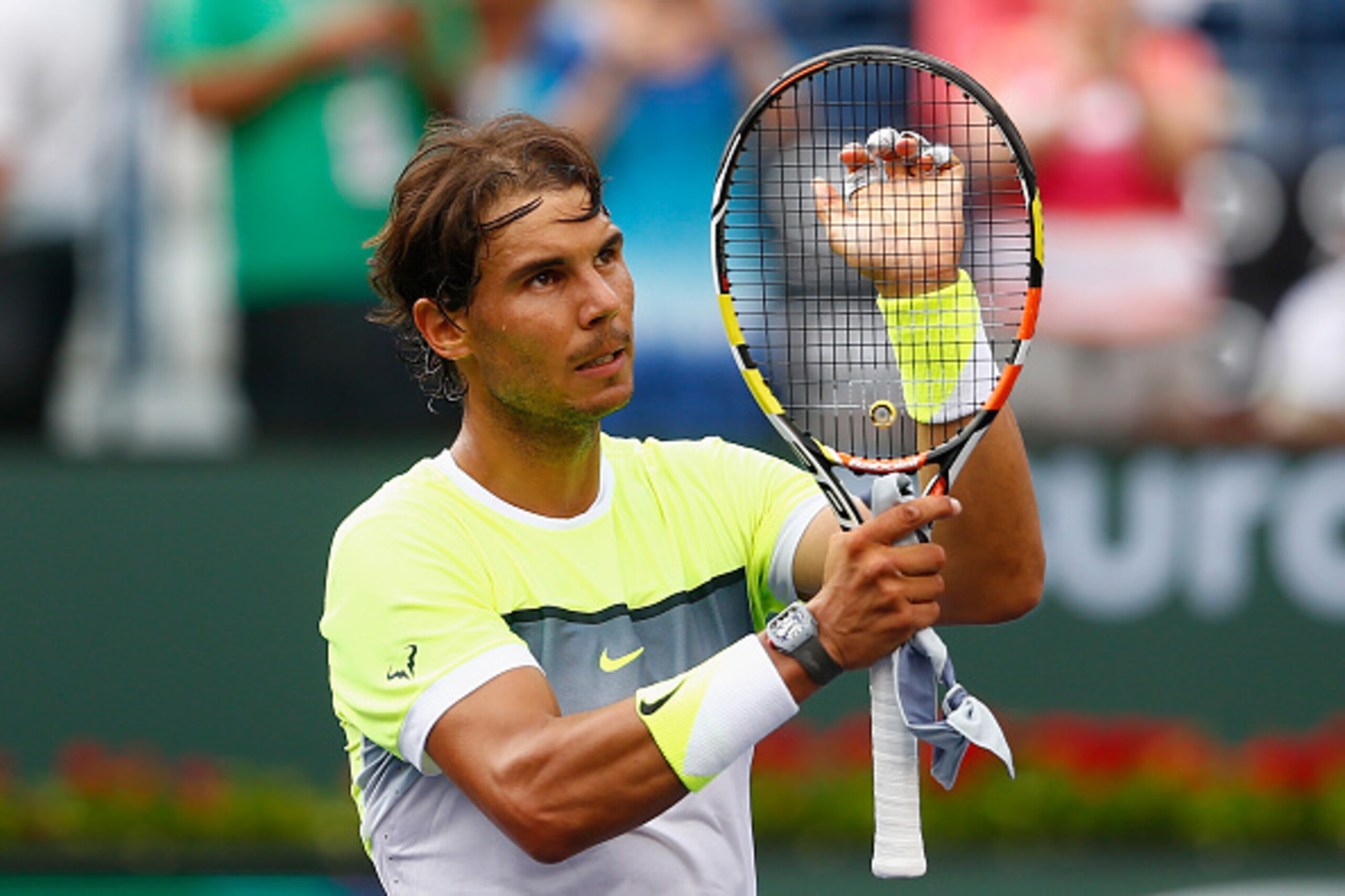 INDIAN WELLS, CA - MARCH 17:  Rafael Nadal of Spain celebrates defeating Donald Young of USA during day nine of the BNP Paribas Open tennis at the Indian Wells Tennis Garden on March 17, 2015 in Indian Wells, California.  (Photo by Julian Finney/Getty Ima