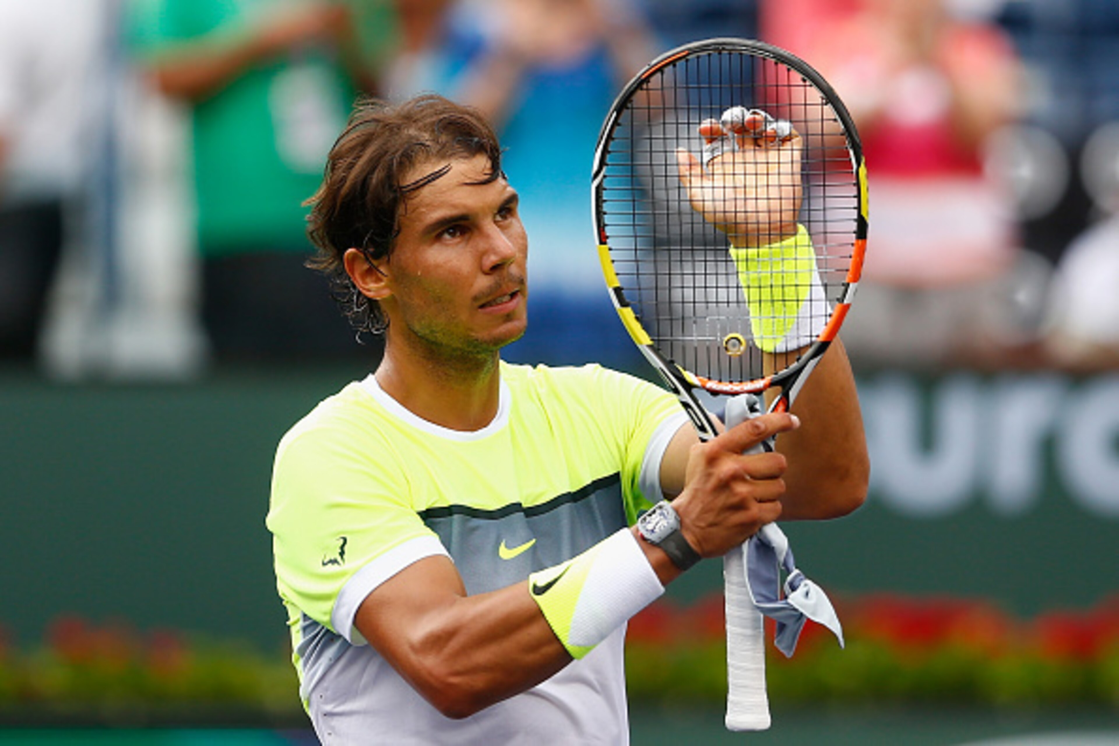 INDIAN WELLS, CA - MARCH 17:  Rafael Nadal of Spain celebrates defeating Donald Young of USA during day nine of the BNP Paribas Open tennis at the Indian Wells Tennis Garden on March 17, 2015 in Indian Wells, California.  (Photo by Julian Finney/Getty Ima