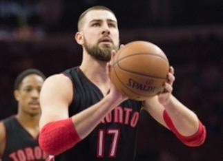 Mar 2, 2015; Philadelphia, PA, USA; Toronto Raptors center Jonas Valanciunas (17) shoots a foul shot against the Philadelphia 76ers at Wells Fargo Center. The Raptors defeated the 76ers 114-103. Mandatory Credit: Bill Streicher-USA TODAY Sports