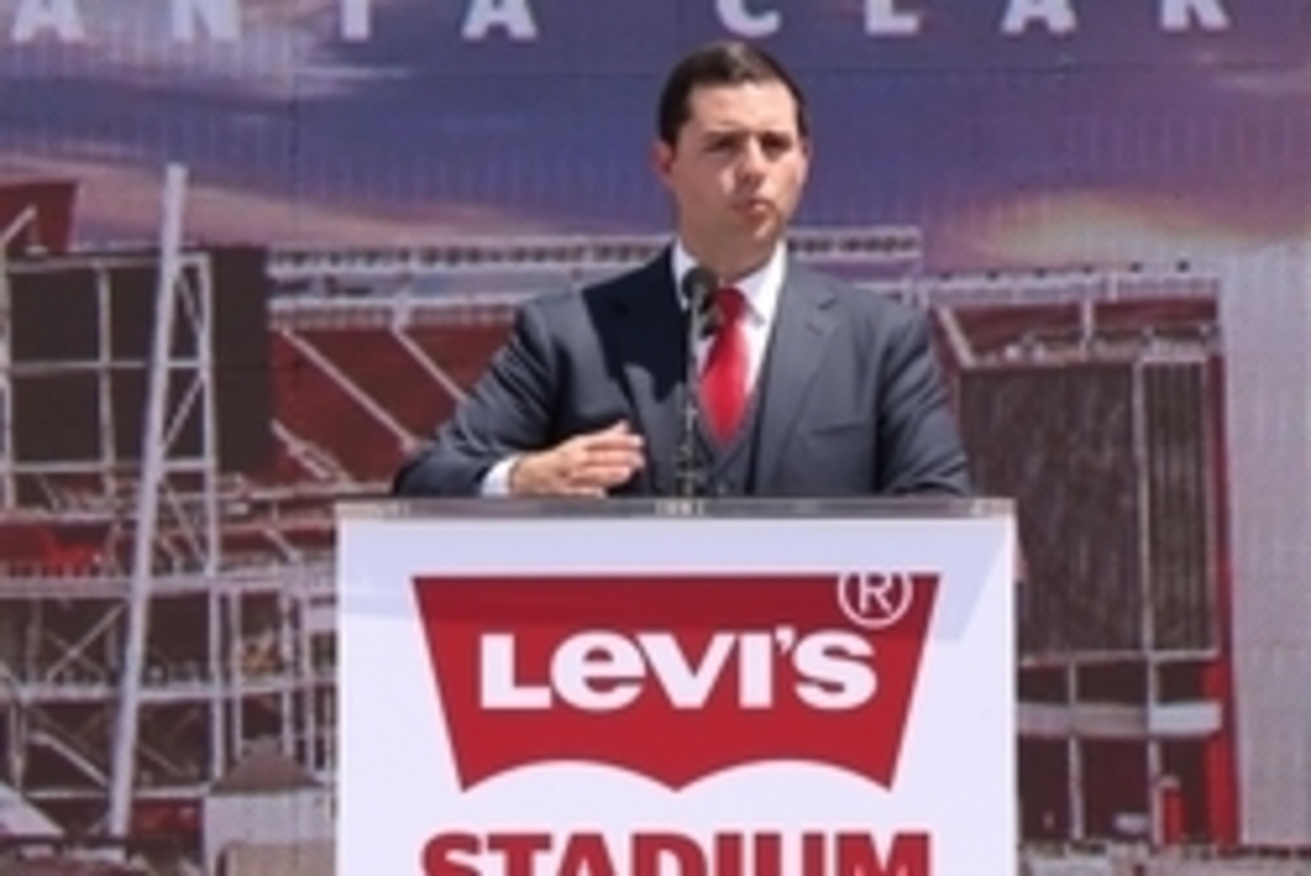 Jul 17, 2014; Santa Clara, CA, USA; San Francisco 49ers CEO Jed York speaks during the ribbon cutting ceremony at Levi's Stadium. Mandatory Credit: Kelley L Cox-USA TODAY Sports