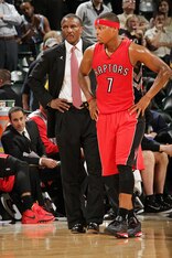 INDIANAPOLIS, IN - MARCH 16: Head coach Dwane Casey and Kyle Lowry #7 of the Toronto Raptors during the game against the Indiana Pacers on March 16, 2015 at Bankers Life Fieldhouse in Indianapolis, Indiana. NOTE TO USER: User expressly acknowledges and ag