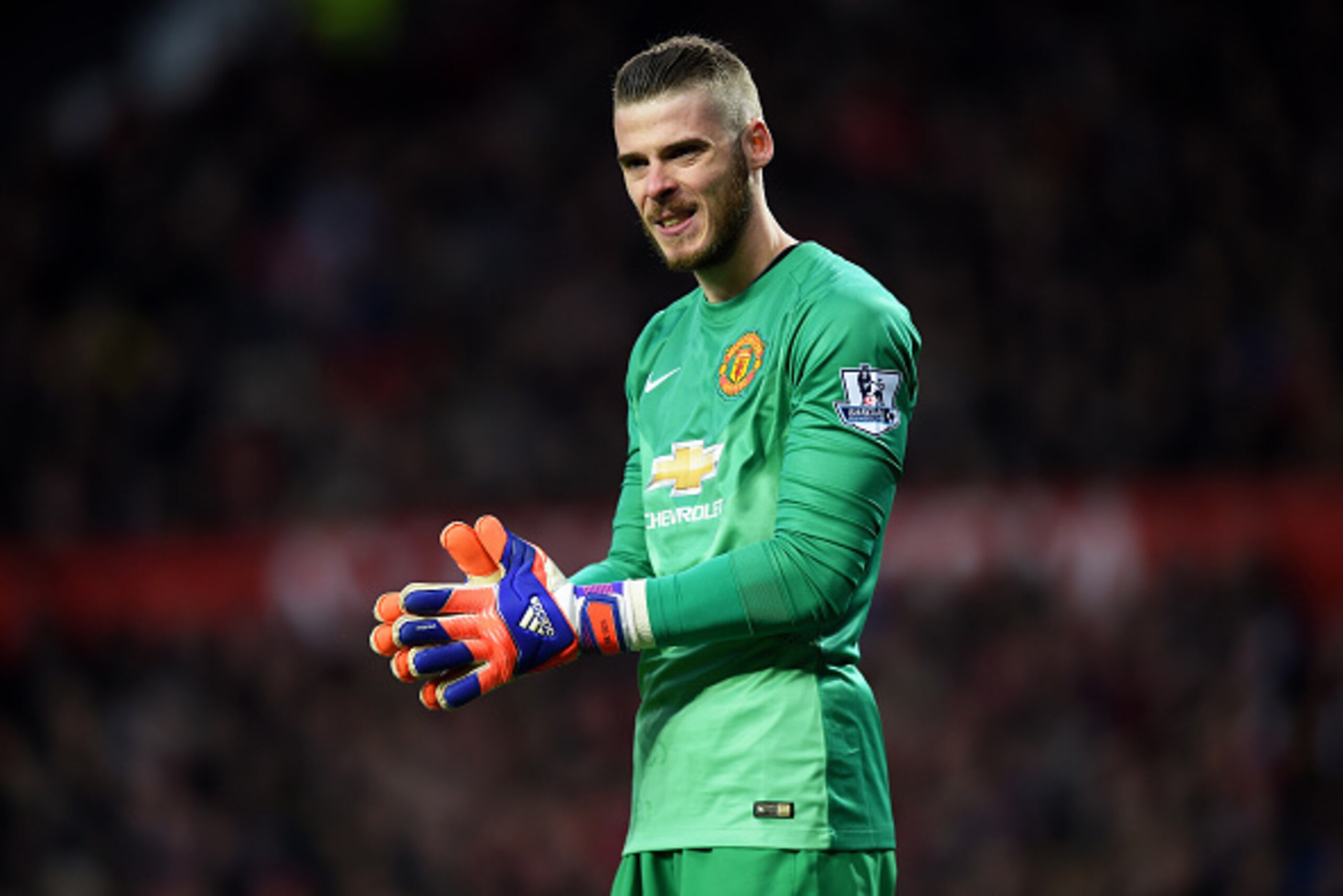 MANCHESTER, ENGLAND - MARCH 15:  Goalkeeper David De Gea of Manchester United looks on during the Barclays Premier League match between Manchester United and Tottenham Hotspur at Old Trafford on March 15, 2015 in Manchester, England.  (Photo by Michael Re