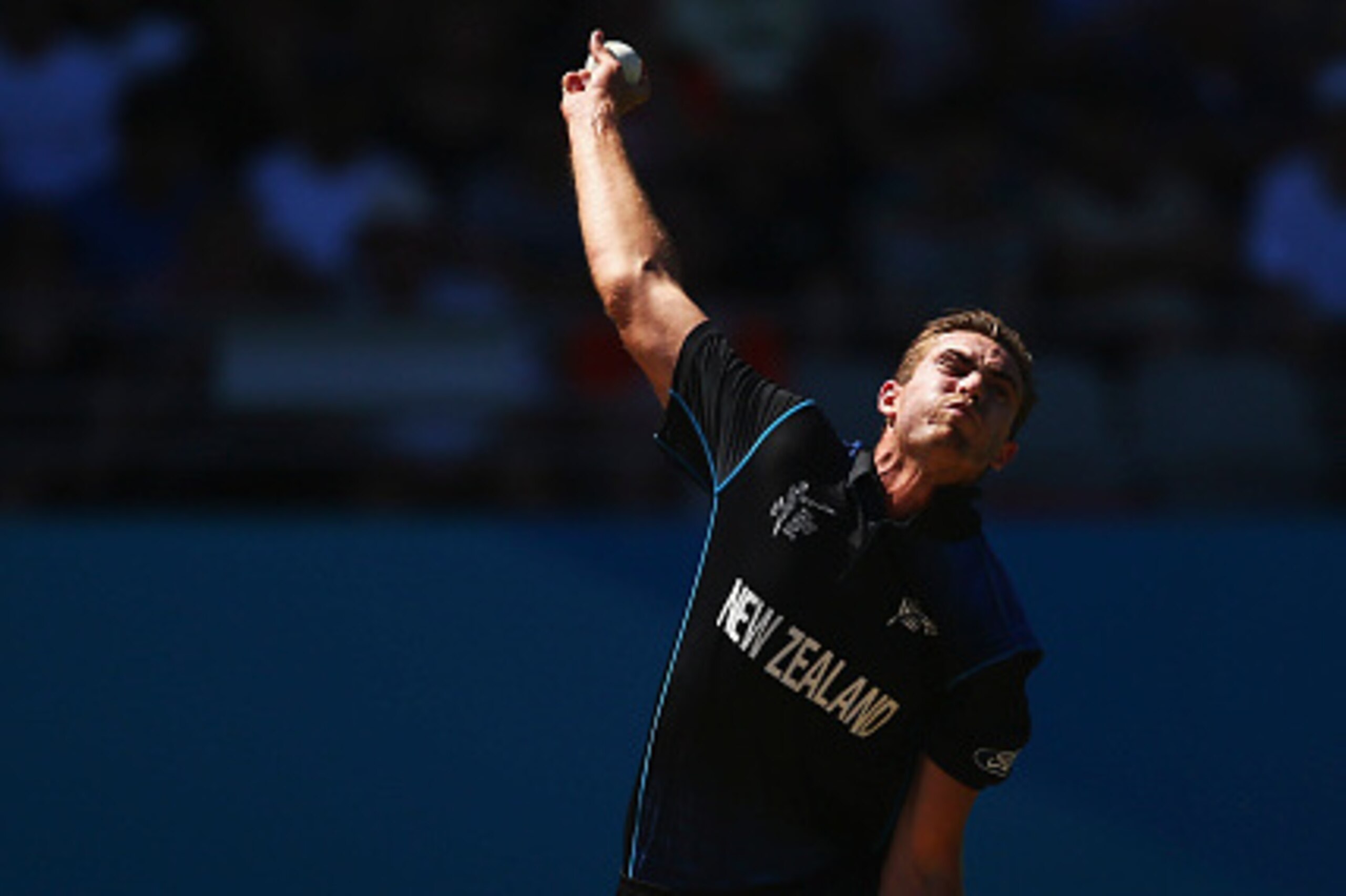 AUCKLAND, NEW ZEALAND - FEBRUARY 28: Tim Southee of New Zealand bowls during the 2015 ICC Cricket World Cup match between Australia and New Zealand at Eden Park on February 28, 2015 in Auckland, New Zealand. (Photo by Ryan Pierse/Getty Images) AUCKLAND, NEW ZEALAND - FEBRUARY 28: Tim Southee of New Zealand bowls during the 2015 ICC Cricket World Cup match between Australia and New Zealand at Eden Park on February 28, 2015 in Auckland, New Zealand. (Photo by Ryan Pierse/Getty Images)