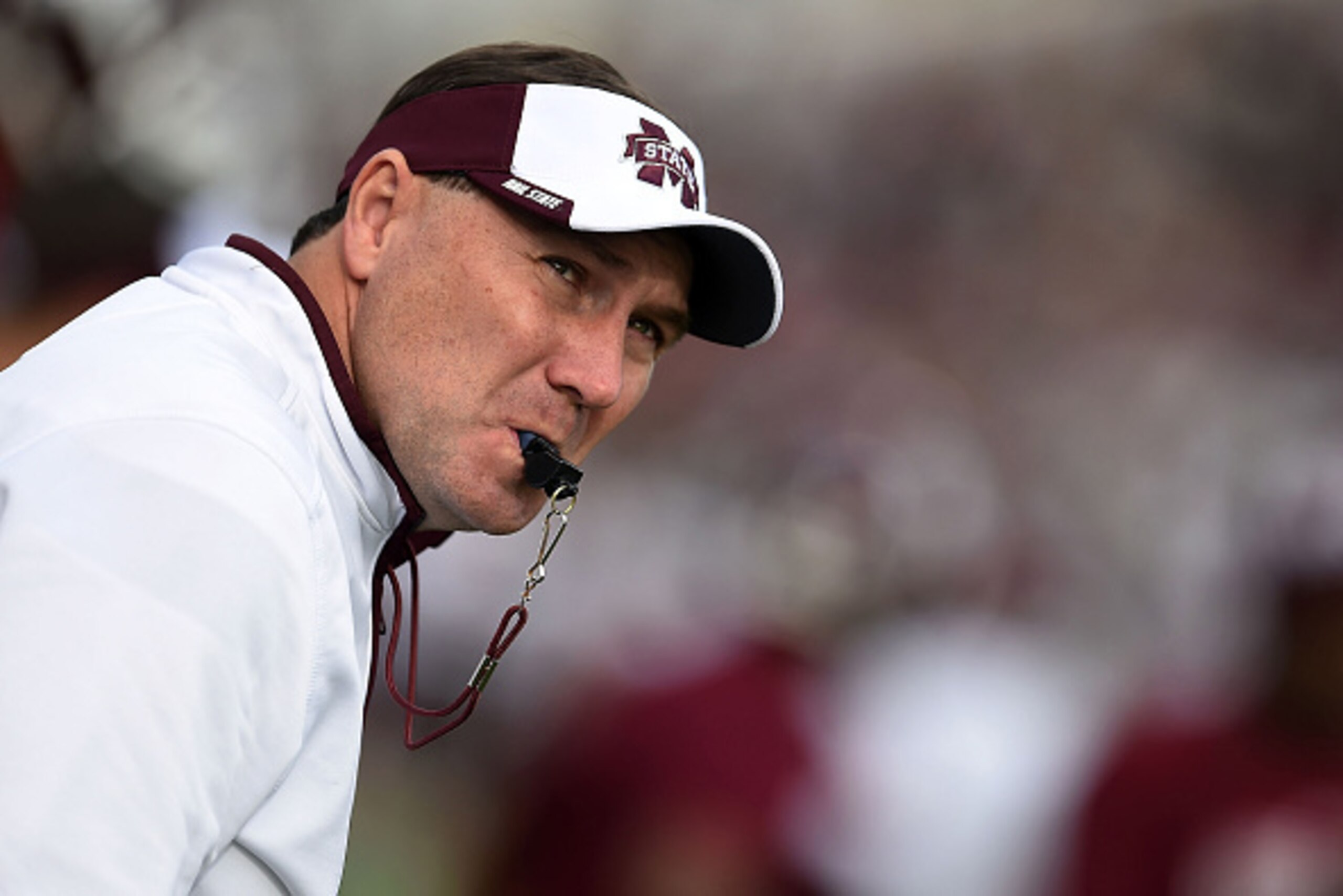 STARKVILLE, MS - NOVEMBER 08:  Head coach Dan Mullen of the Mississippi State Bulldogs watches action prior to a game against the Tennessee Martin Skyhawks at Davis Wade Stadium on November 8, 2014 in Starkville, Mississippi.  (Photo by Stacy Revere/Getty