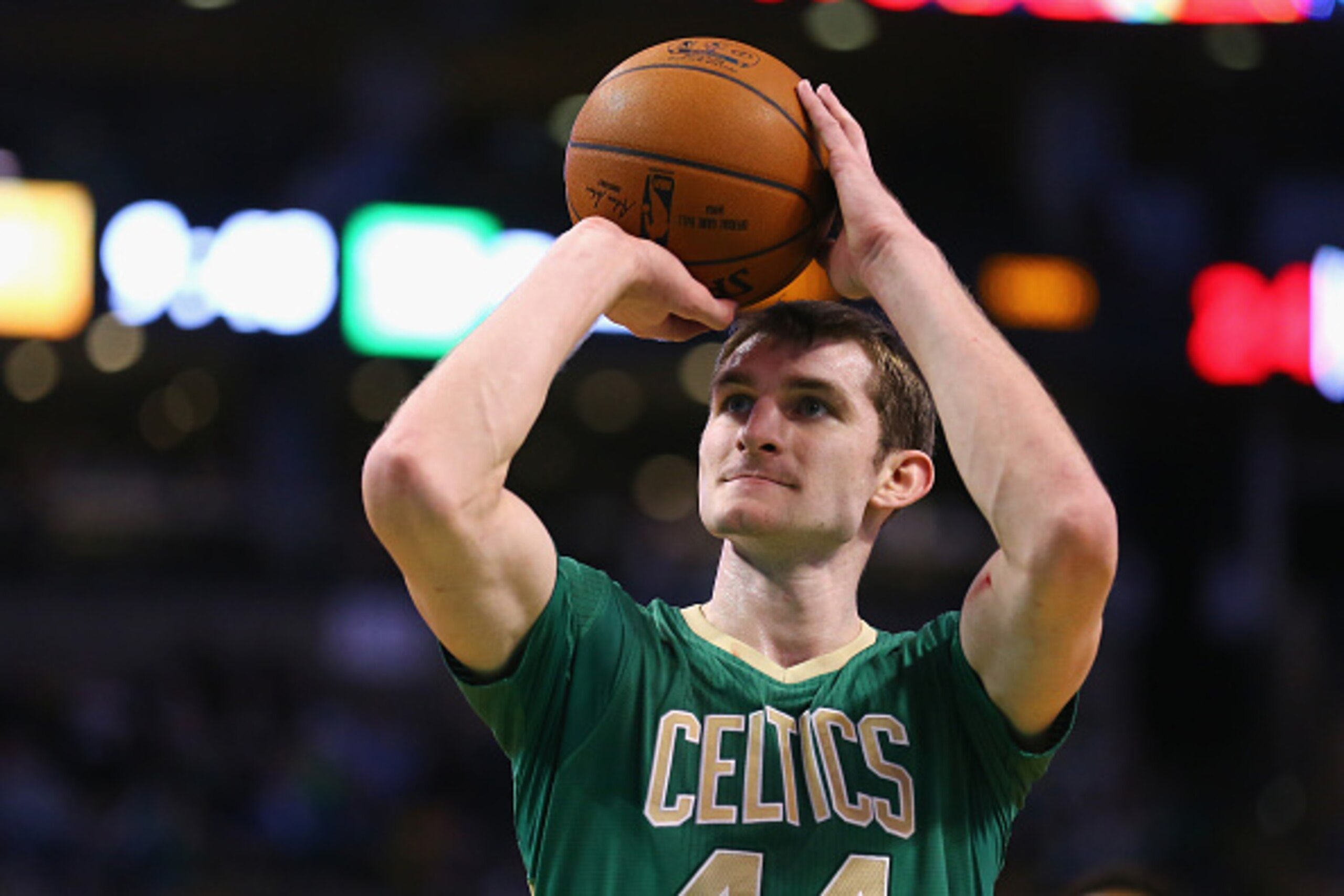 BOSTON, MA - MARCH 16:  Tyler Zeller #44 of the Boston Celtics shoots a free throw during the fourth quarter against the Philadelphia 76ers at TD Garden on March 16, 2015 in Boston, Massachusetts. The Celtics defeat the 76ers 108-89. NOTE TO USER: User ex