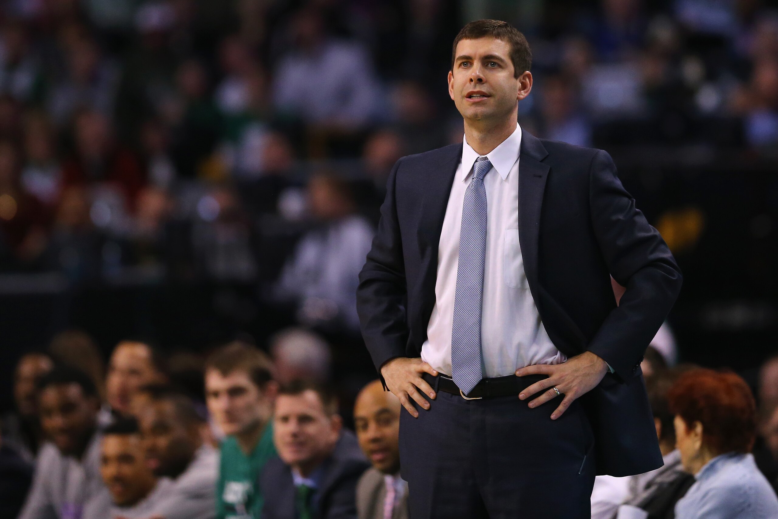 BOSTON, MA - FEBRUARY 06:  Brad Stevens of the Boston Celtics looks on during the game against the Philadelphia 76ers at TD Garden on February 6, 2015 in Boston, Massachusetts. The Celtics defeat the 76ers 107-96. NOTE TO USER: User expressly acknowledges