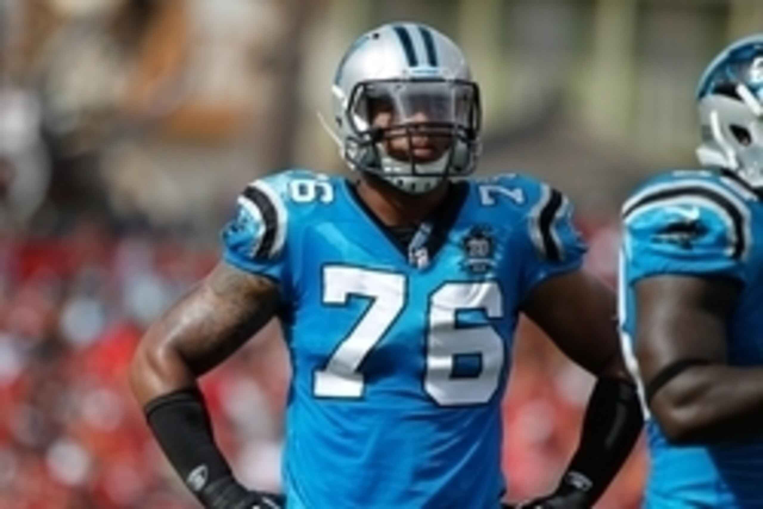 Sep 7, 2014; Tampa, FL, USA; Carolina Panthers defensive end Greg Hardy (76) against the Tampa Bay Buccaneers during the first half against the Tampa Bay Buccaneers at Raymond James Stadium. Mandatory Credit: Kim Klement-USA TODAY Sports