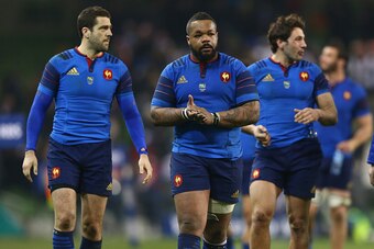 DUBLIN, IRELAND - FEBRUARY 14:  Mathieu Bastareaud (C) of France looks dejected after his sides 11-18 defeat during the RBS Six Nations match between Ireland and France at the Aviva Stadium on February 14, 2015 in Dublin, Ireland.  (Photo by Michael Steel