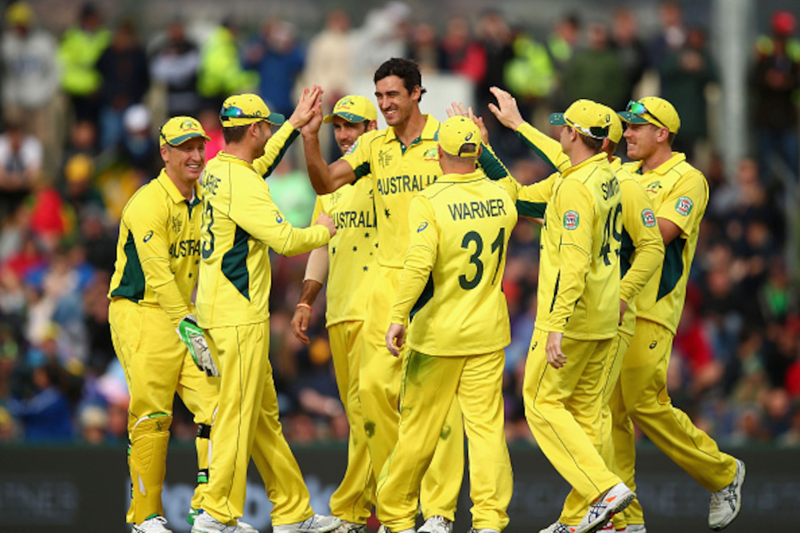 HOBART, AUSTRALIA - MARCH 14:  Mitchell Starc of Australia celebrates after taking the wicket of Josh Davey of Scotland during the 2015 Cricket World Cup match between Australia and Scotland at Bellerive Oval on March 14, 2015 in Hobart, Australia.  (Phot