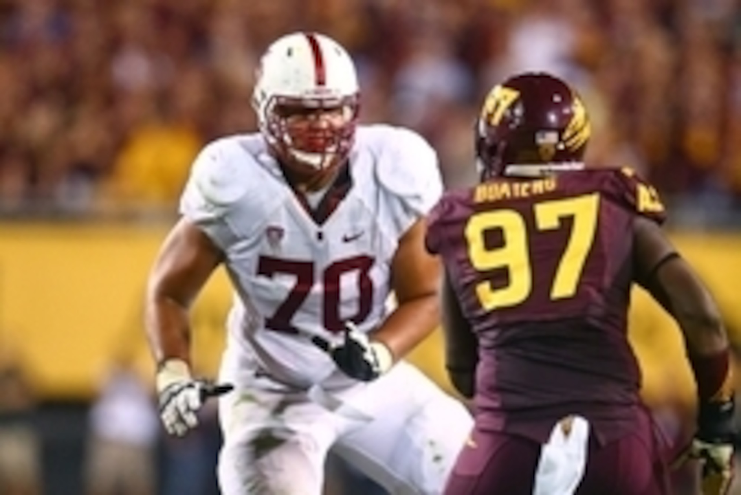 Oct 18, 2014; Tempe, AZ, USA; Stanford Cardinal offensive tackle Andrus Peat (70) against the Arizona State Sun Devils at Sun Devil Stadium. The Sun Devils defeated the Cardinal 26-10. Mandatory Credit: Mark J. Rebilas-USA TODAY Sports