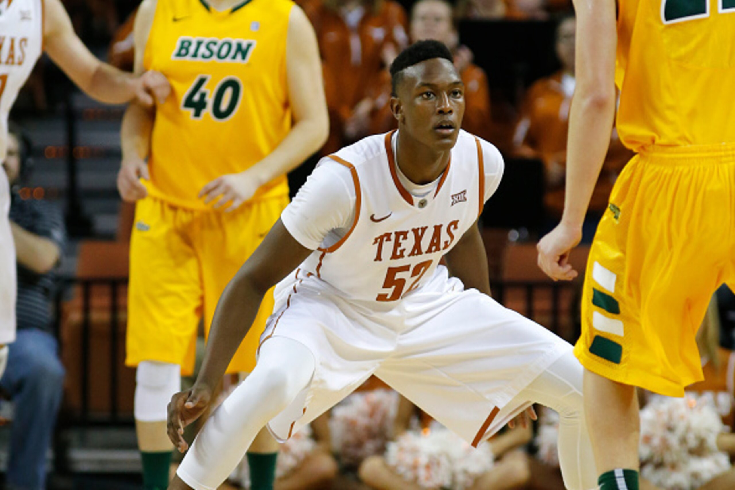 AUSTIN, TX - NOVEMBER 14: Myles Turner #52 of the Texas Longhorns defends against the North Dakota State Bison at the Frank Erwin Center on November 14, 2014 in Austin, Texas. (Photo by Chris Covatta/Getty Images)