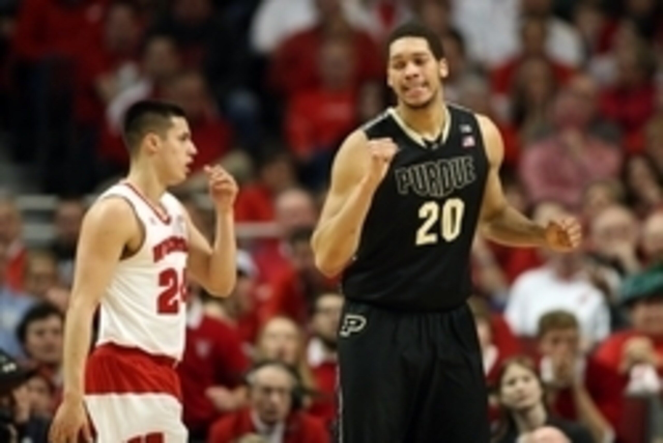 Mar 14, 2015; Chicago, IL, USA; Purdue Boilermakers center A.J. Hammons (20) reacts after drawing a foul against the Wisconsin Badgers during the first half in the semifinals of the Big Ten Tournament at United Center. Mandatory Credit: Jerry Lai-USA TODA Mar 14, 2015; Chicago, IL, USA; Purdue Boilermakers center A.J. Hammons (20) reacts after drawing a foul against the Wisconsin Badgers during the first half in the semifinals of the Big Ten Tournament at United Center. Mandatory Credit: Jerry Lai-USA TODA