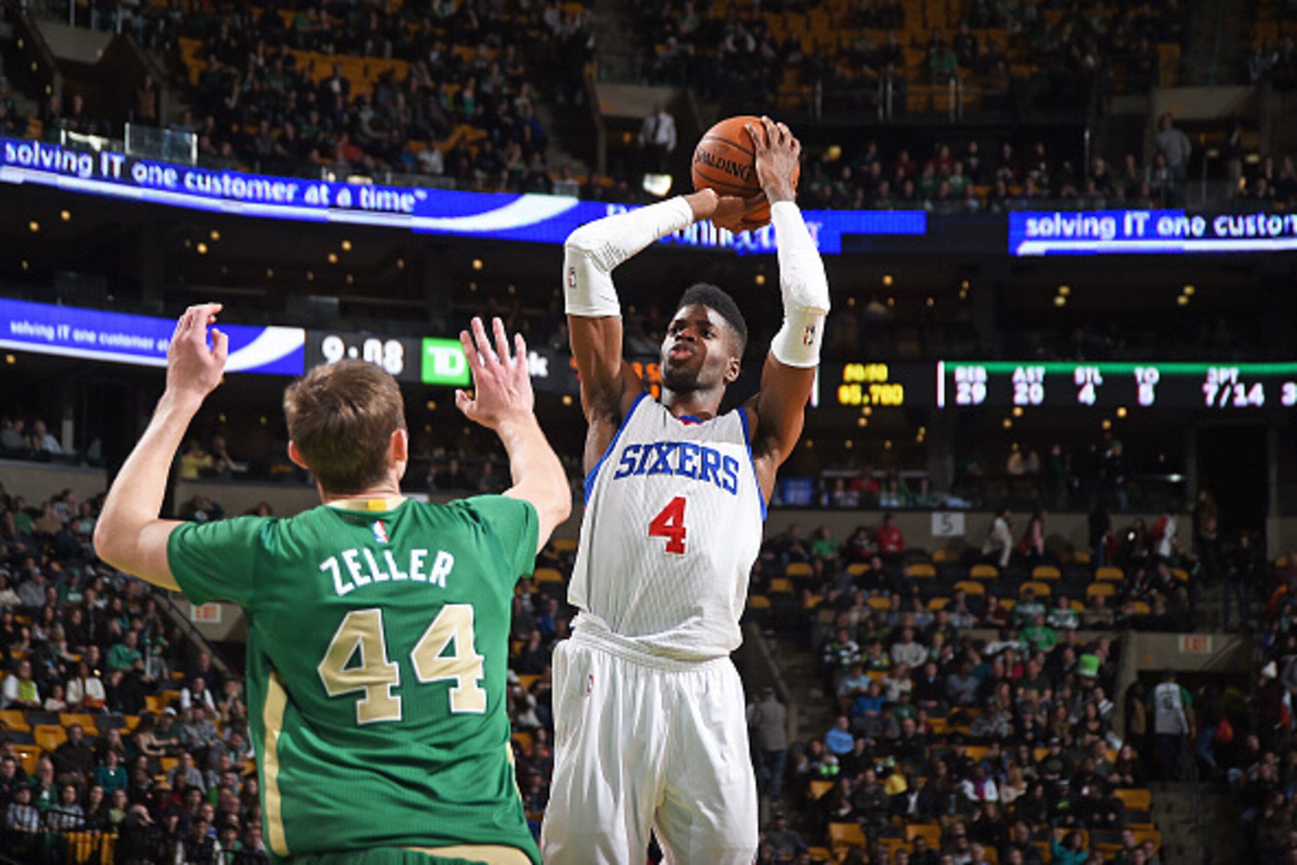 BOSTON, MA - MARCH 16:  Nerlens Noel #4 of the Philadelphia 76ers shoots the ball against the Boston Celtics on March 16, 2015 at the TD Garden in Boston, Massachusetts.  NOTE TO USER: User expressly acknowledges and agrees that, by downloading and or usi