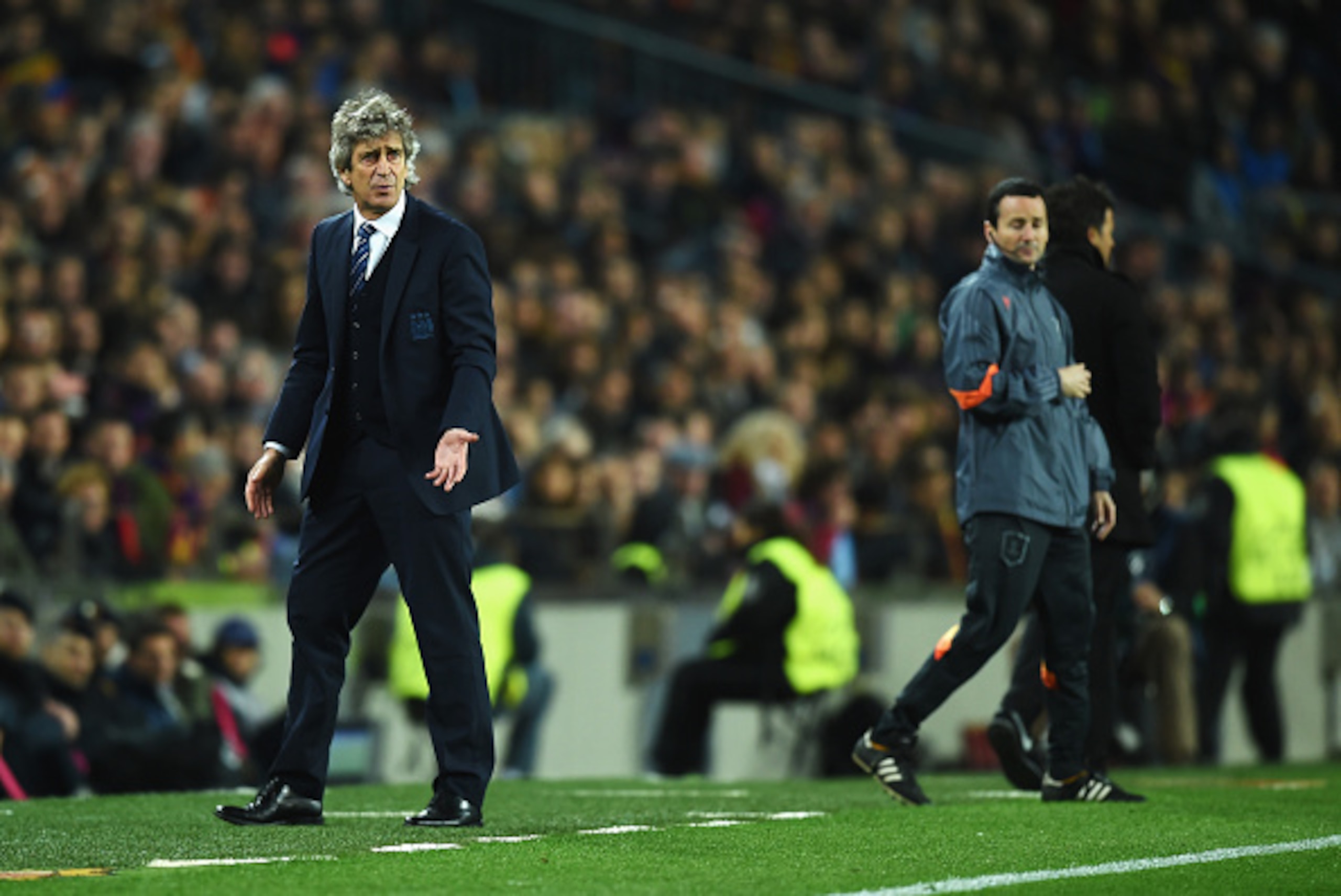 BARCELONA, SPAIN - MARCH 18: Manuel Pellegrini, coach of Manchester City reacts during the UEFA Champions League Round of 16 second leg match between Barcelona and Manchester City at Camp Nou on March 18, 2015 in Barcelona, Spain.  (Photo by Michael Regan