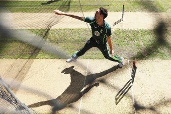 HOBART, AUSTRALIA - MARCH 12:  Mitchell Johnson of Australia bowls during an Australia nets session at Bellerive Oval on March 12, 2015 in Hobart, Australia.  (Photo by Ryan Pierse/Getty Images)