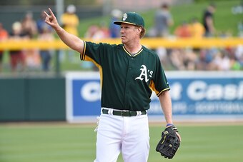 MESA, AZ - MARCH 12:  Actor Will Ferrell plays with the Oakland Athletics as they take on the Seattle Mariners as part of a new HBO special from Funny Or Die in partnership with Major League Baseball to support the fight against cancer at HoHoKam Stadium 