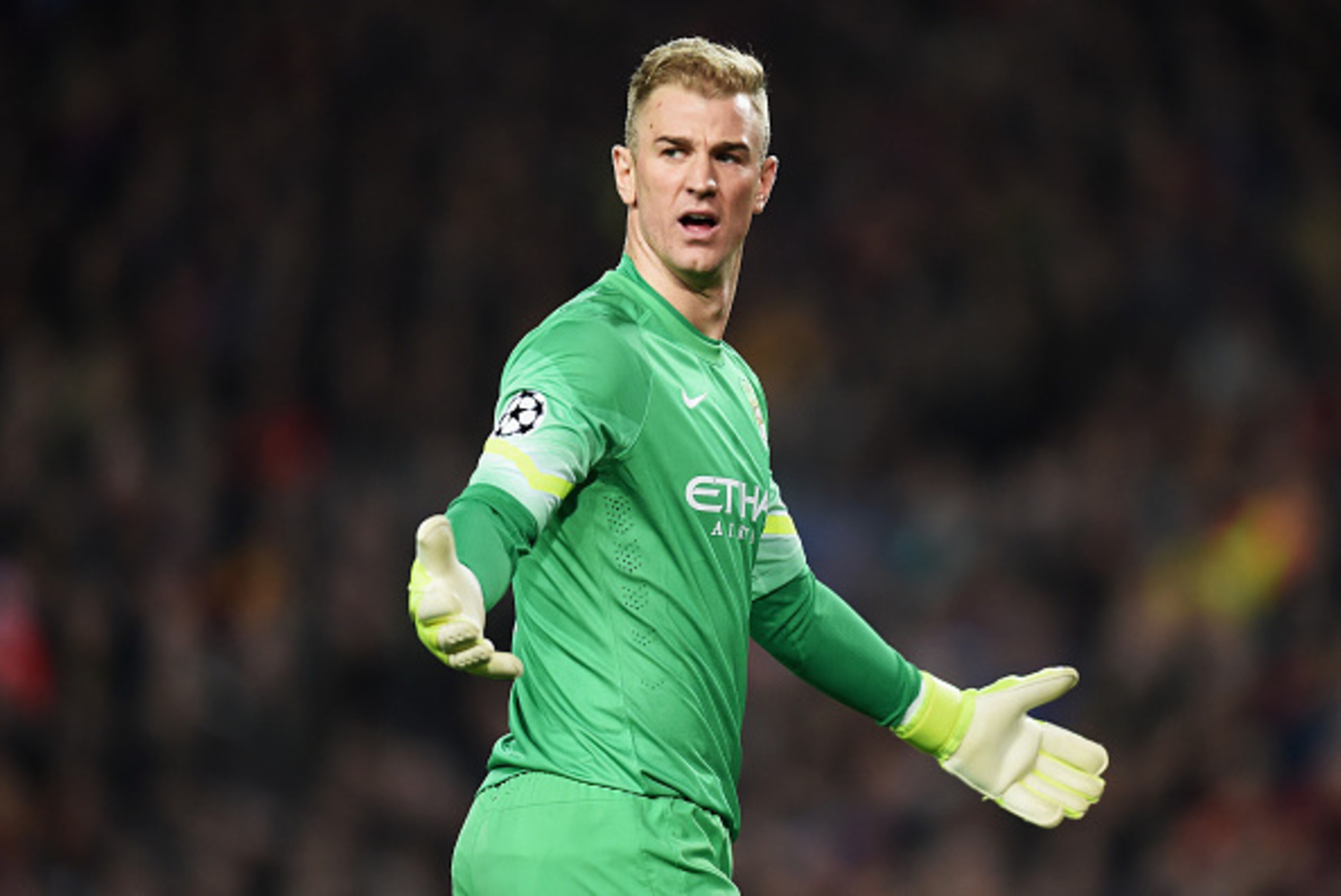 BARCELONA, SPAIN - MARCH 18: Joe Hart of Manchester City gestures during the UEFA Champions League Round of 16 second leg match between Barcelona and Manchester City at Camp Nou on March 18, 2015 in Barcelona, Spain. (Photo by Michael Regan/Getty Images) BARCELONA, SPAIN - MARCH 18: Joe Hart of Manchester City gestures during the UEFA Champions League Round of 16 second leg match between Barcelona and Manchester City at Camp Nou on March 18, 2015 in Barcelona, Spain. (Photo by Michael Regan/Getty Images)