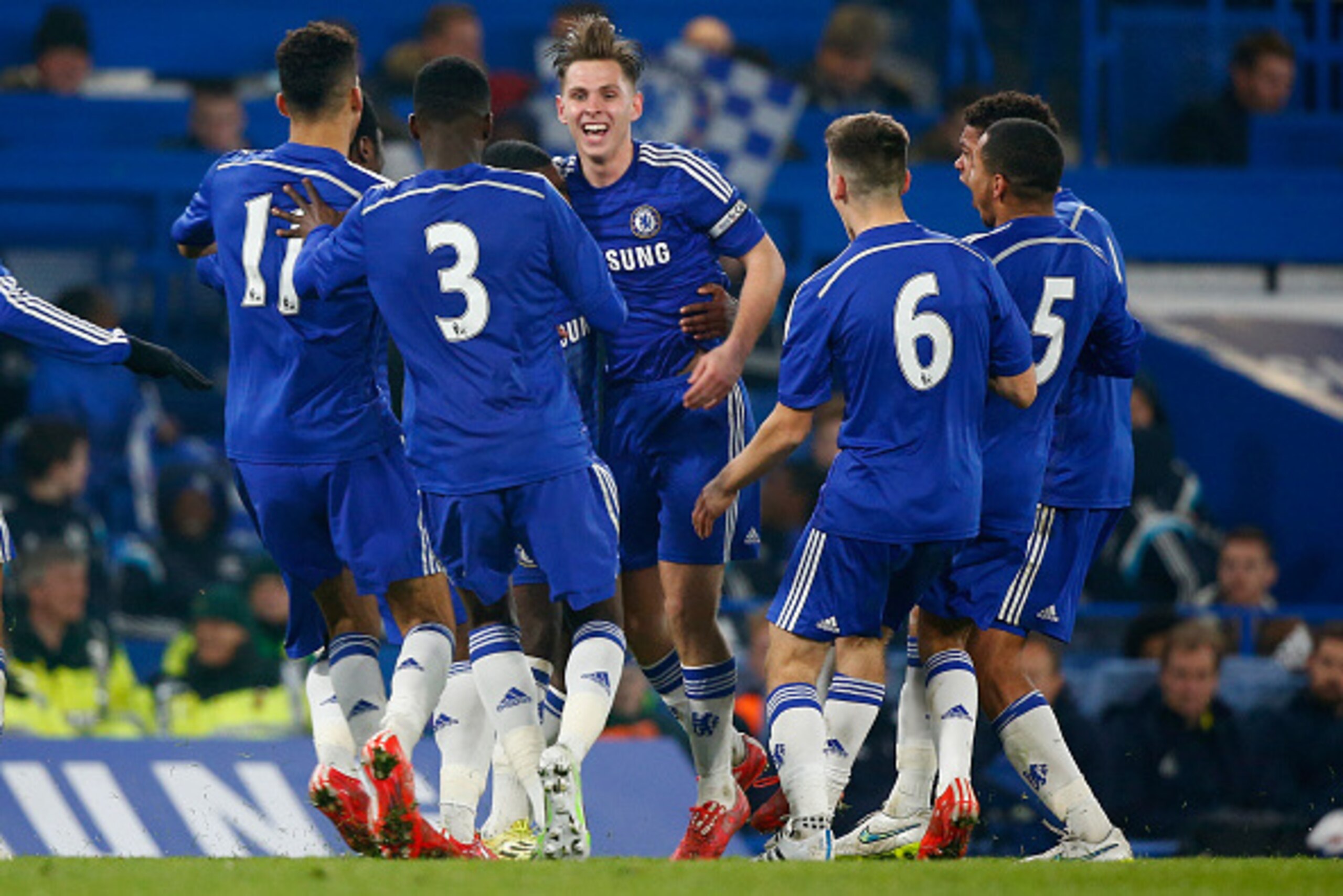 LONDON, ENGLAND - MARCH 18:  Charlie Colkett of Chelsea celebrates his goal during the FA Youth Cup Semi Final second leg match between Chelsea and Tottenham Hotspur at Stamford Bridge on March 18, 2015 in London, England.  (Photo by Clive Rose/Getty Imag
