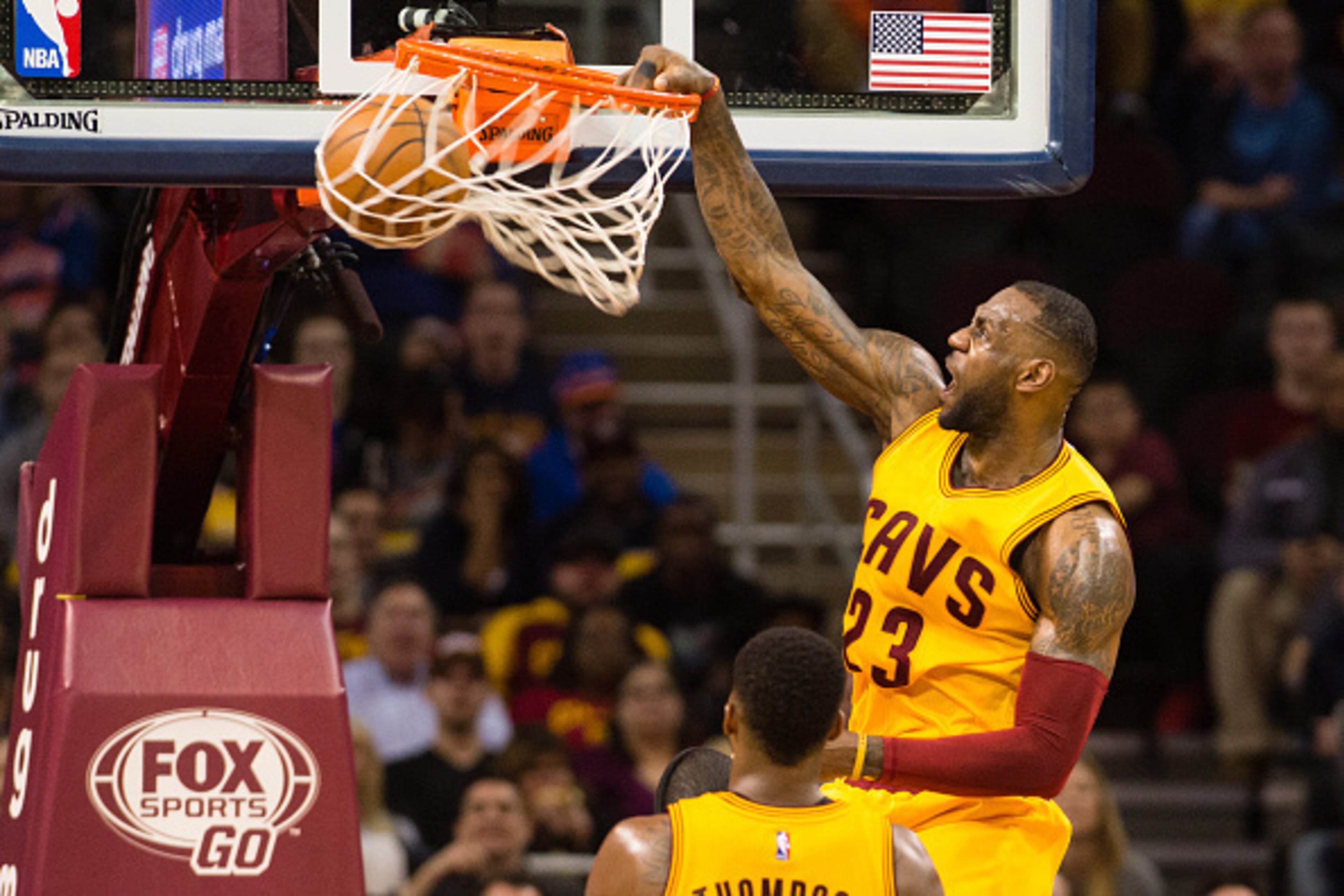CLEVELAND, OH - MARCH 18: LeBron James #23 of the Cleveland Cavaliers dunks during the first half against the Brooklyn Nets at Quicken Loans Arena on March 18, 2015 in Cleveland, Ohio. NOTE TO USER: User expressly acknowledges and agrees that, by download