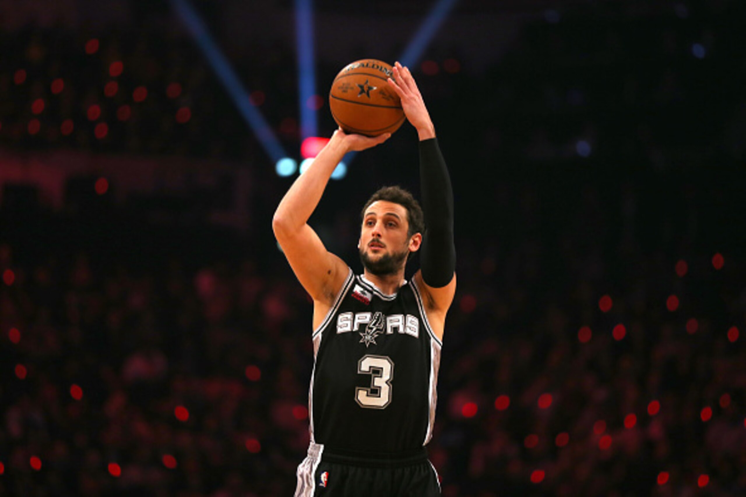 NEW YORK, NY - FEBRUARY 14:  Marco Belinelli #3 of the San Antonio Spurs shoots during the Foot Locker Three-Point Contest as part of the 2015 NBA Allstar Weekend at Barclays Center on February 14, 2015 in the Brooklyn borough of New York City. NOTE TO US