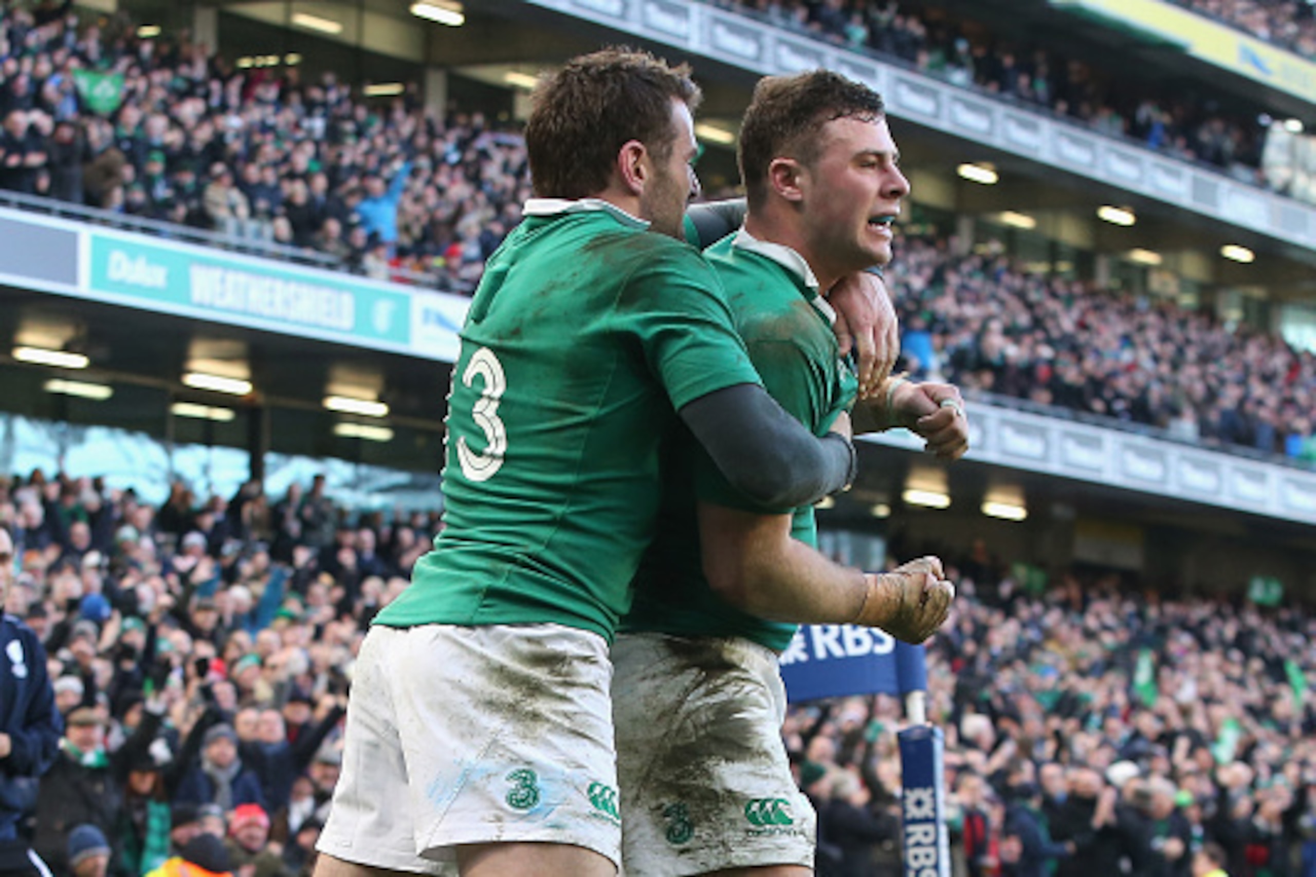 DUBLIN, IRELAND - MARCH 01:  Robbie Henshaw  (R) celebrates with team mate Jared Payne after scoring the only try of the match during the RBS Six Nations match between Ireland and England at the Aviva Stadium on March 1, 2015 in Dublin, Ireland.  (Photo b