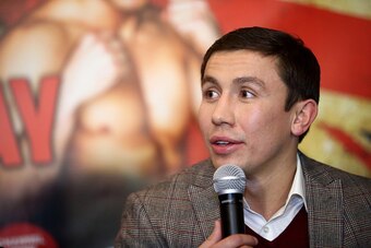 LONDON, ENGLAND - DECEMBER 04:  Gennady Golovkin talks during the press conference for the upcoming fight between Martin Murray and Gennady Golovkin on December 4, 2014 in London, England.  (Photo by Jordan Mansfield/Getty Images)