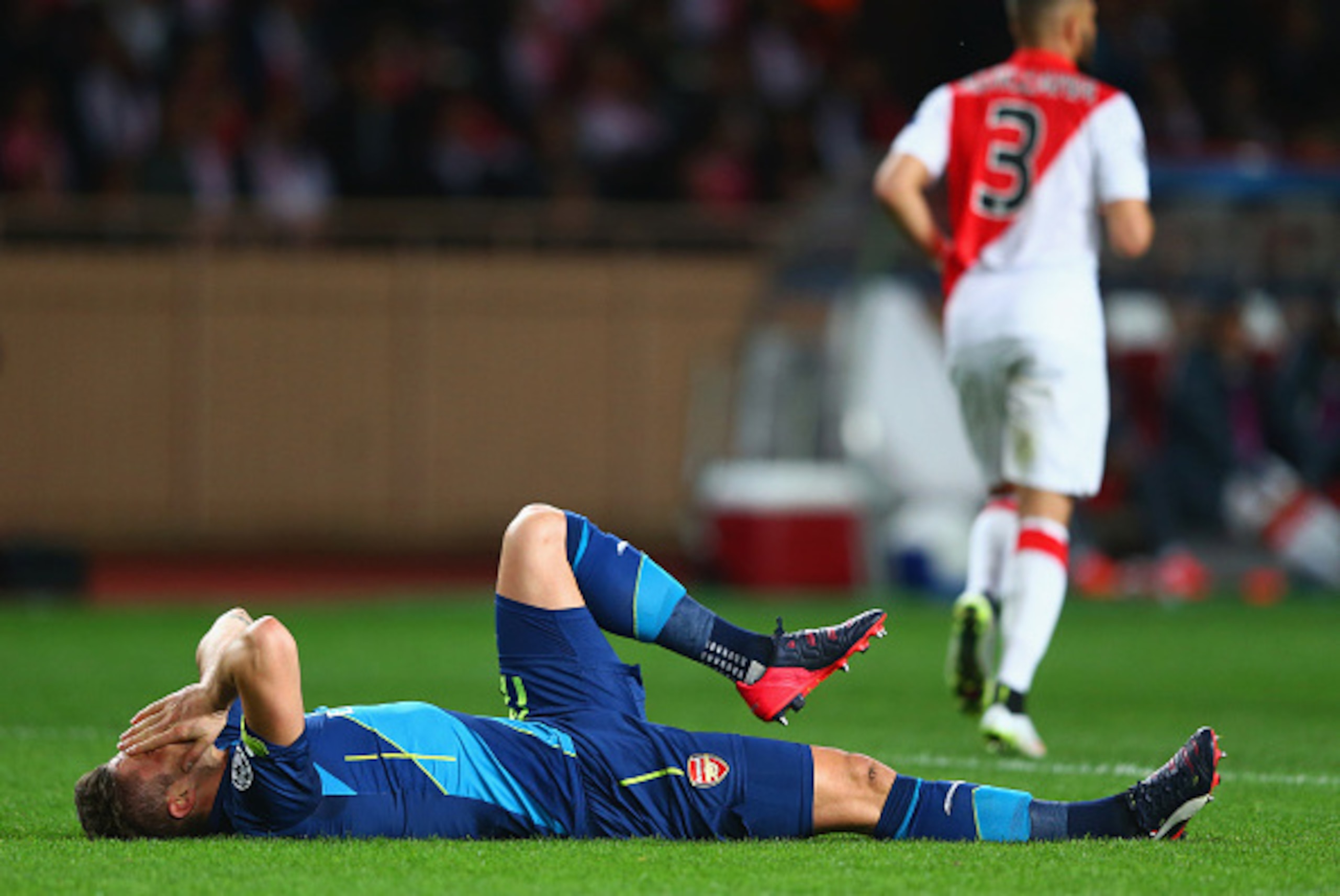 MONACO - MARCH 17:  Olivier Giroud of Arsenal reacts during the UEFA Champions League round of 16 second leg match between AS Monaco and Arsenal at Stade Louis II on March 17, 2015 in Monaco, Monaco.  (Photo by Michael Steele/Getty Images)