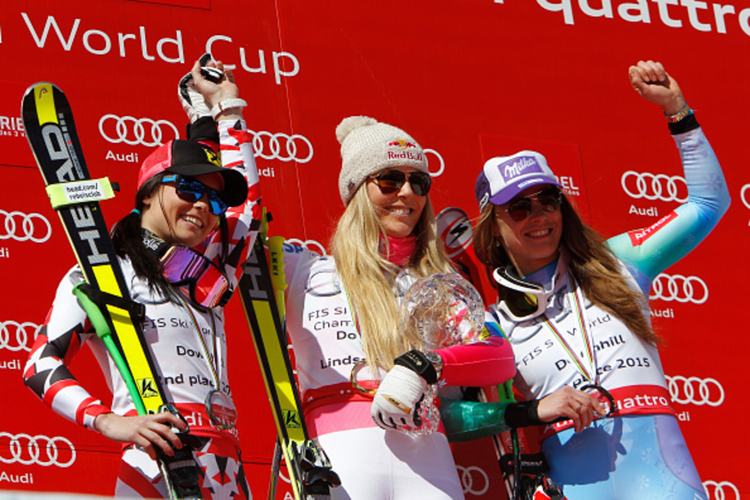 MERIBEL, FRANCE - MARCH 18: (FRANCE OUT) Lindsey Vonn of the USA wins the overall World Cup downhill globe, Anna Fenninger of Austria takes 2nd place and Tina Maze of Slovenia takes 3rd place during the Audi FIS Alpine Ski World Cup Finals Women's Downhil