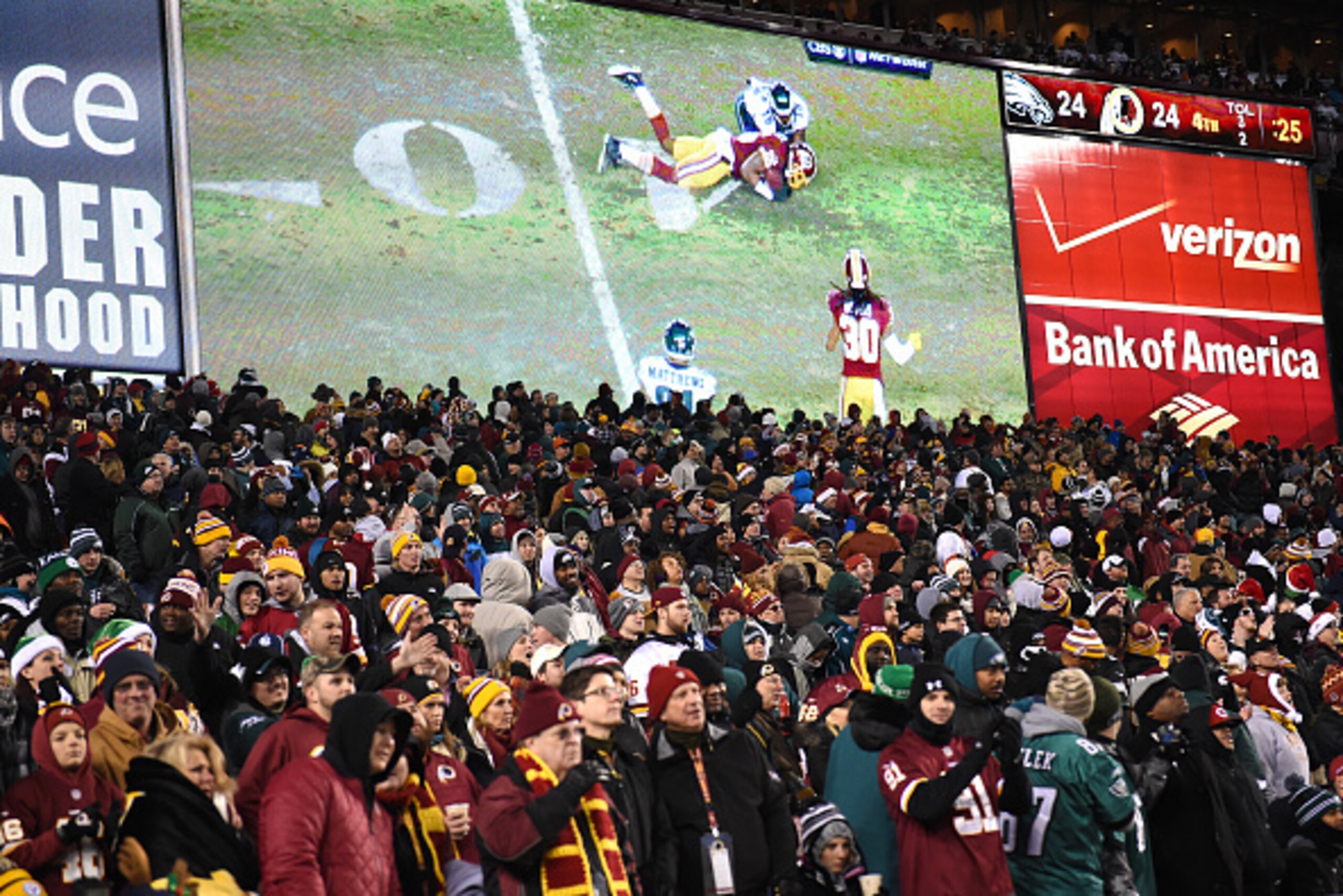 LANDOVER, MD - DECEMBER 20: Fans look on as a play is reviewed in the fourth quarter during a game between the Philadelphia Eagles and the Washington Redskins at FedExField on December 20, 2014 in Landover, Maryland. The Washington Redskins won, 27-24. (P LANDOVER, MD - DECEMBER 20: Fans look on as a play is reviewed in the fourth quarter during a game between the Philadelphia Eagles and the Washington Redskins at FedExField on December 20, 2014 in Landover, Maryland. The Washington Redskins won, 27-24. (P