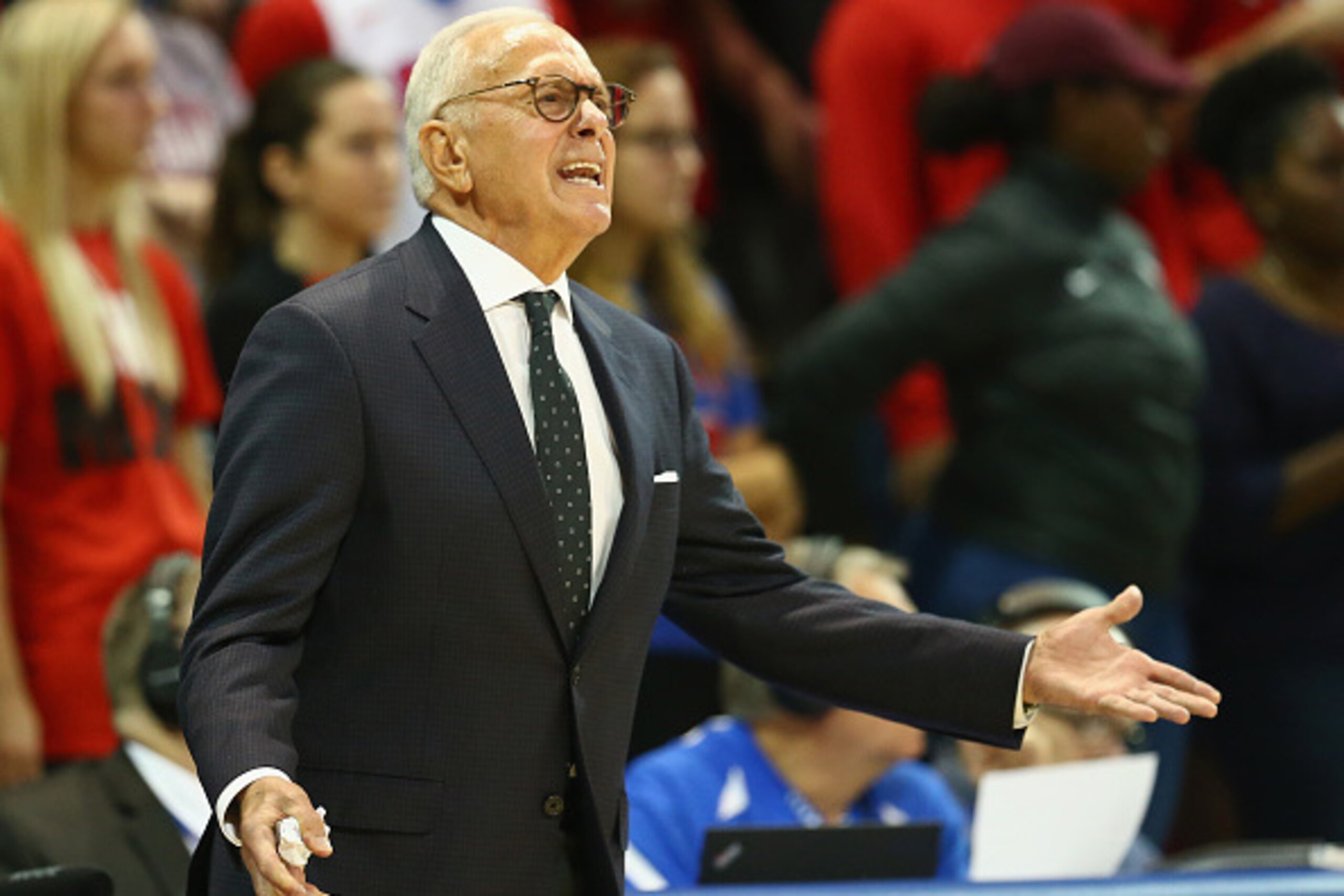DALLAS, TX - NOVEMBER 30:  Head coach Larry Brown of the Southern Methodist Mustangs during play against the Monmouth Hawks at Moody Coliseum on November 30, 2014 in Dallas, Texas.  (Photo by Ronald Martinez/Getty Images)