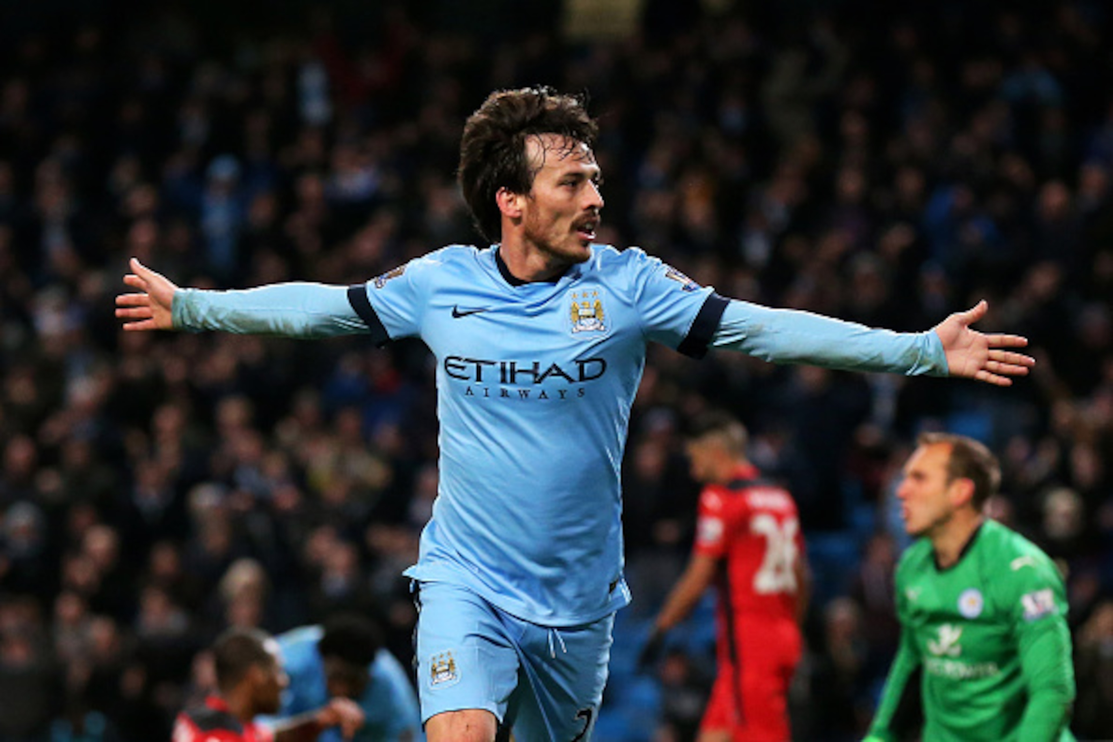 MANCHESTER, ENGLAND - MARCH 04:  David Silva of Manchester City celebrates after scoring the opening goal during the Barclays Premier League match between Manchester City and Leicester City at the Etihad Stadium on March 4, 2015 in Manchester, England.  (