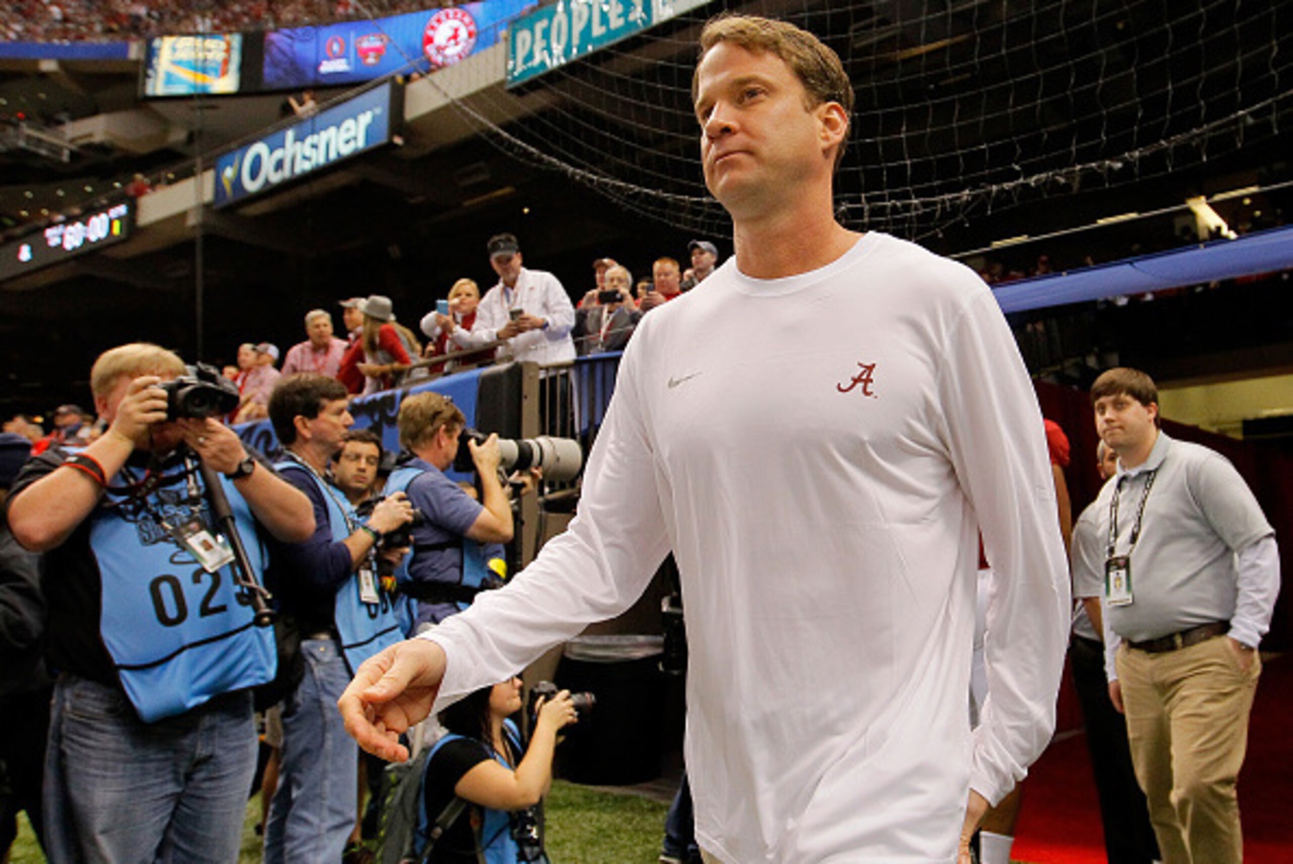 NEW ORLEANS, LA - JANUARY 01:  Lane Kiffin Offensive Coordinator at the University of Alabama looks on against the Alabama Crimson Tide during the All State Sugar Bowl at the Mercedes-Benz Superdome on January 1, 2015 in New Orleans, Louisiana.  (Photo by