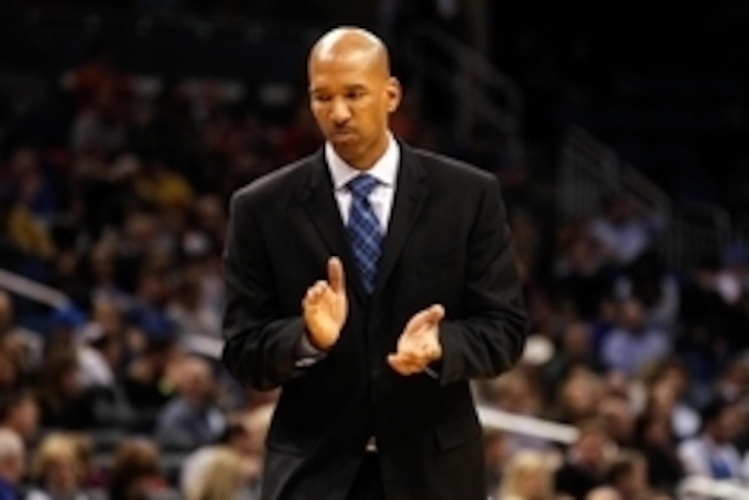 Feb 20, 2015; Orlando, FL, USA; New Orleans Pelicans head coach Monty Williams claps his hands against the Orlando Magic during the second half at Amway Center. Orlando Magic defeated the New Orleans Pelicans 95-84. Mandatory Credit: Kim Klement-USA TODAY