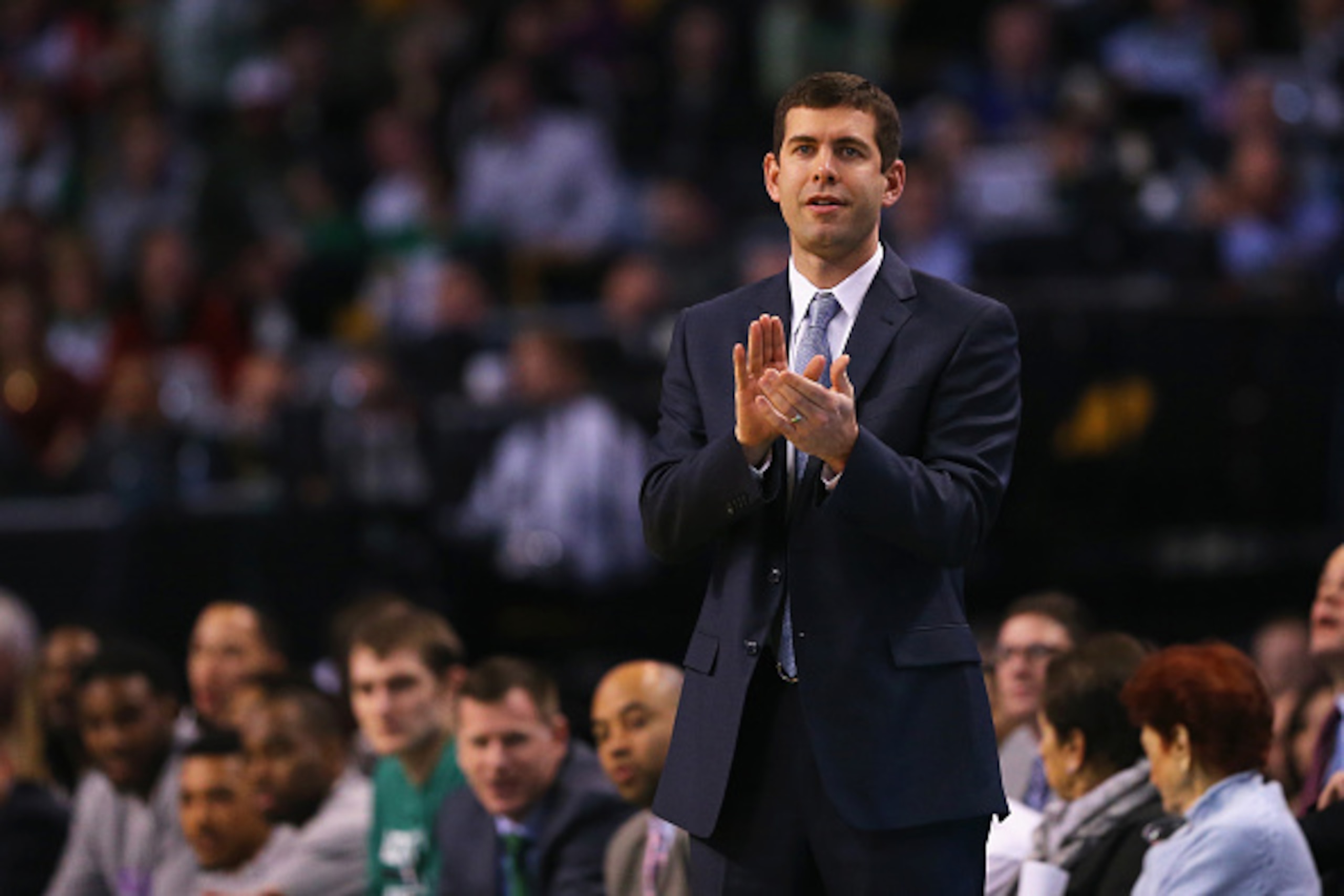 BOSTON, MA - FEBRUARY 06:  Brad Stevens of the Boston Celtics looks on during the game against the Philadelphia 76ers at TD Garden on February 6, 2015 in Boston, Massachusetts. The Celtics defeat the 76ers 107-96. NOTE TO USER: User expressly acknowledges