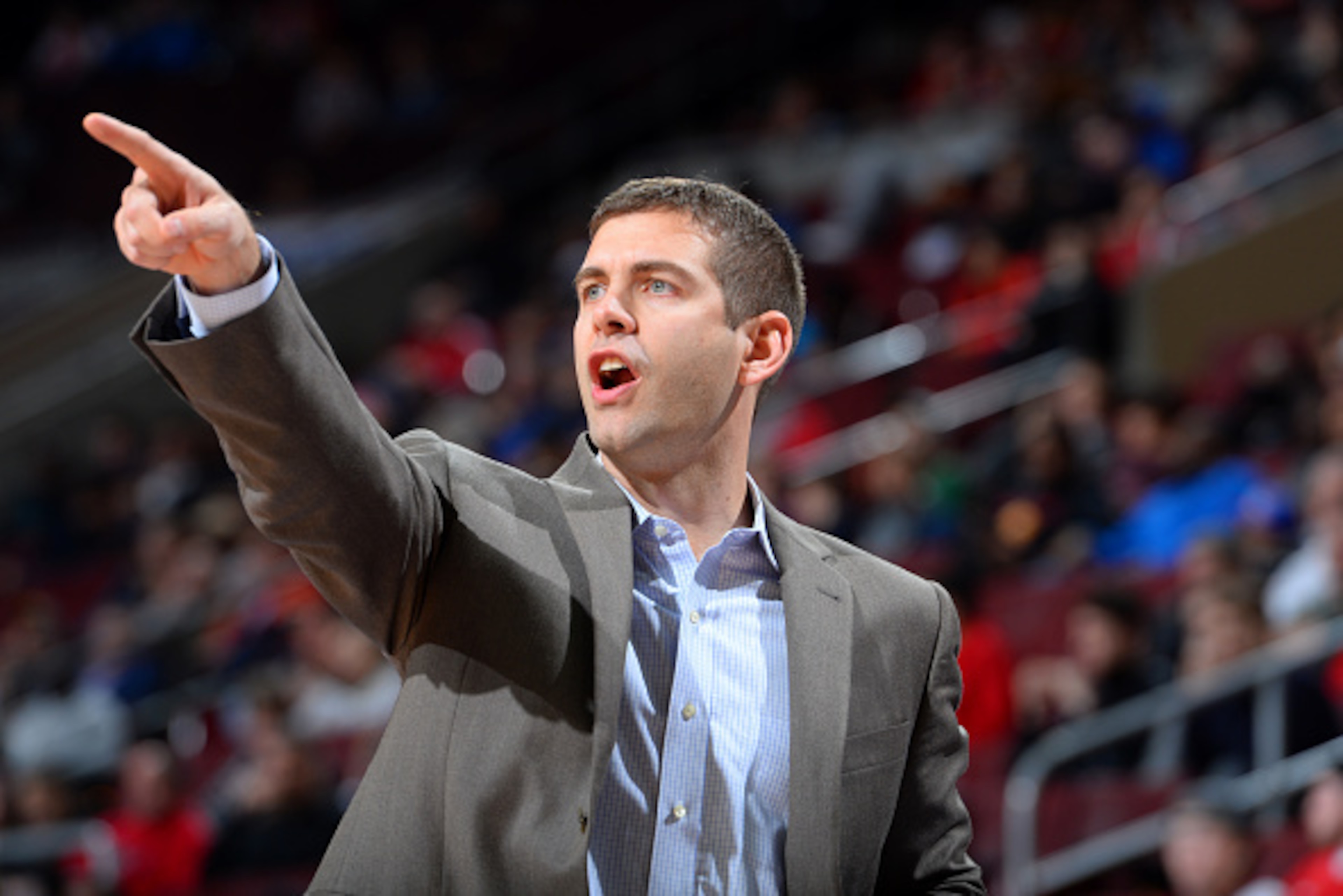 PHILADELPHIA, PA - DECEMBER 15:  Brad Stevens of the Boston Celtics calls out a play during the game against the Philadelphia 76ers on December 15, 2014 at Wells Fargo Center in Philadelphia, PA. NOTE TO USER: User expressly acknowledges and agrees that, 
